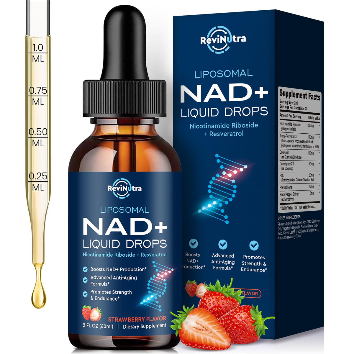 ReviNutra NAD liposomico botella muestra la dosis diaria para energía.