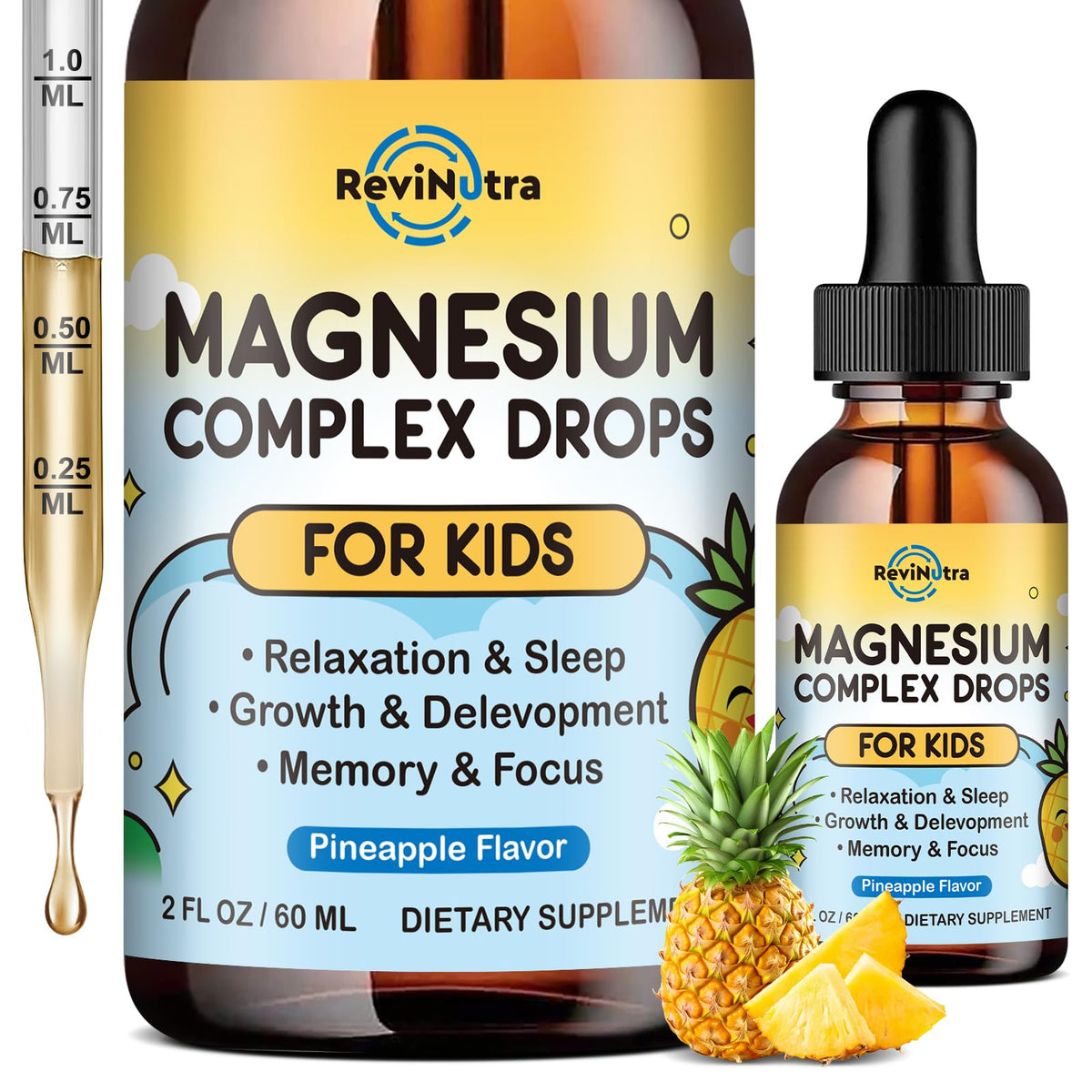 Gotas de magnesio ReviNutra para niños, botella en estante, apoyo a la calma diaria.