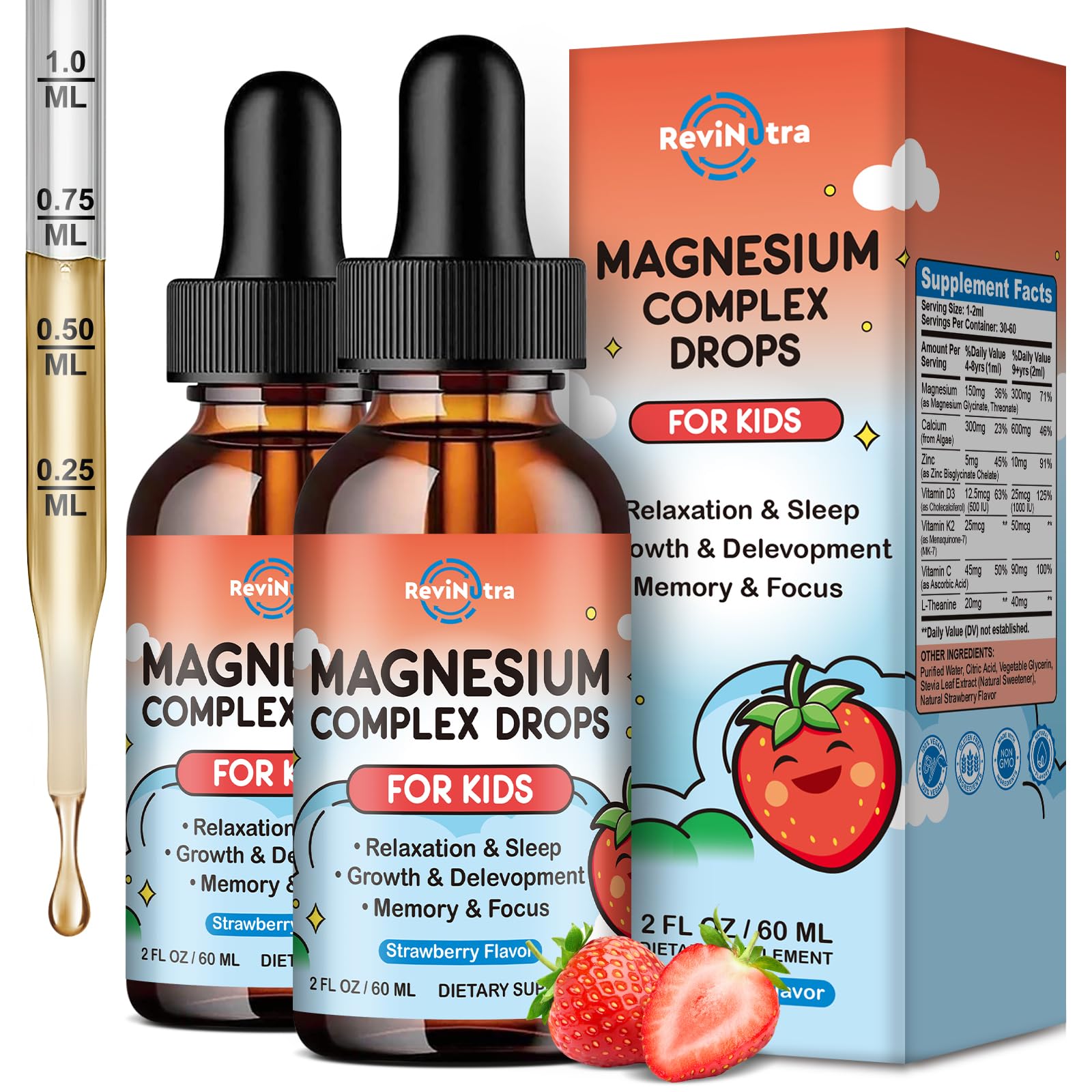 ReviNutra gotas magnesio glicinato en botella, apoyo diario.