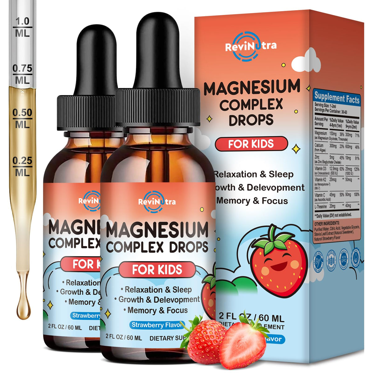 ReviNutra gotas magnesio glicinato en botella, apoyo diario.