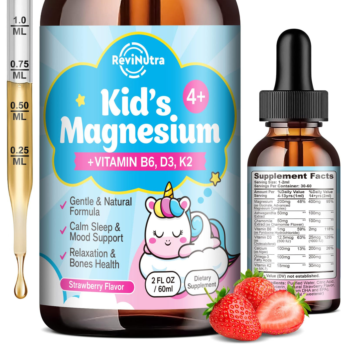 Revinnutra Niños Magnesio Glicinato Gotas sabor fresa, apoyo al sueño suave