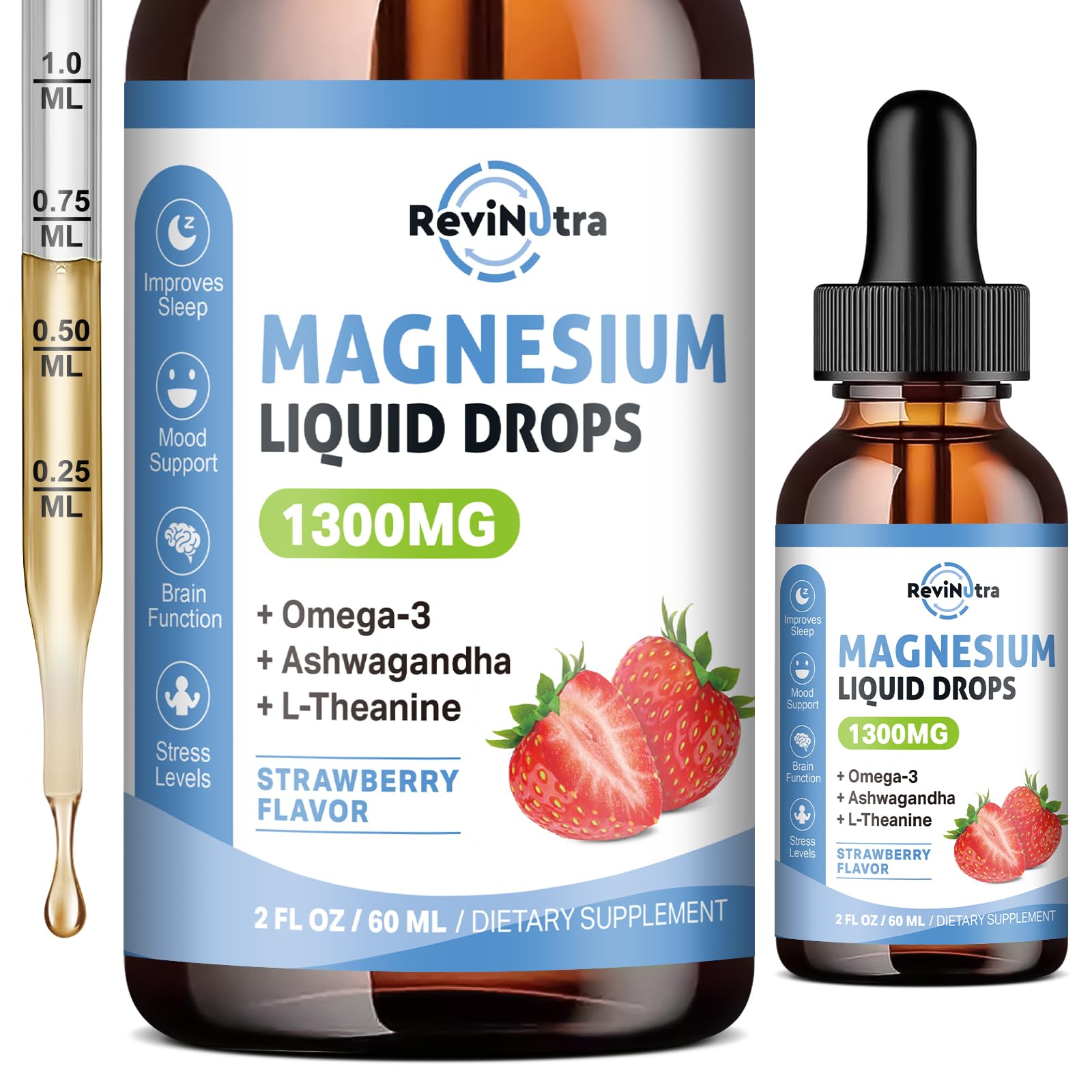 ReviNutra Gotas Triple Magnesio sabor fresa, botella para equilibrio diario.