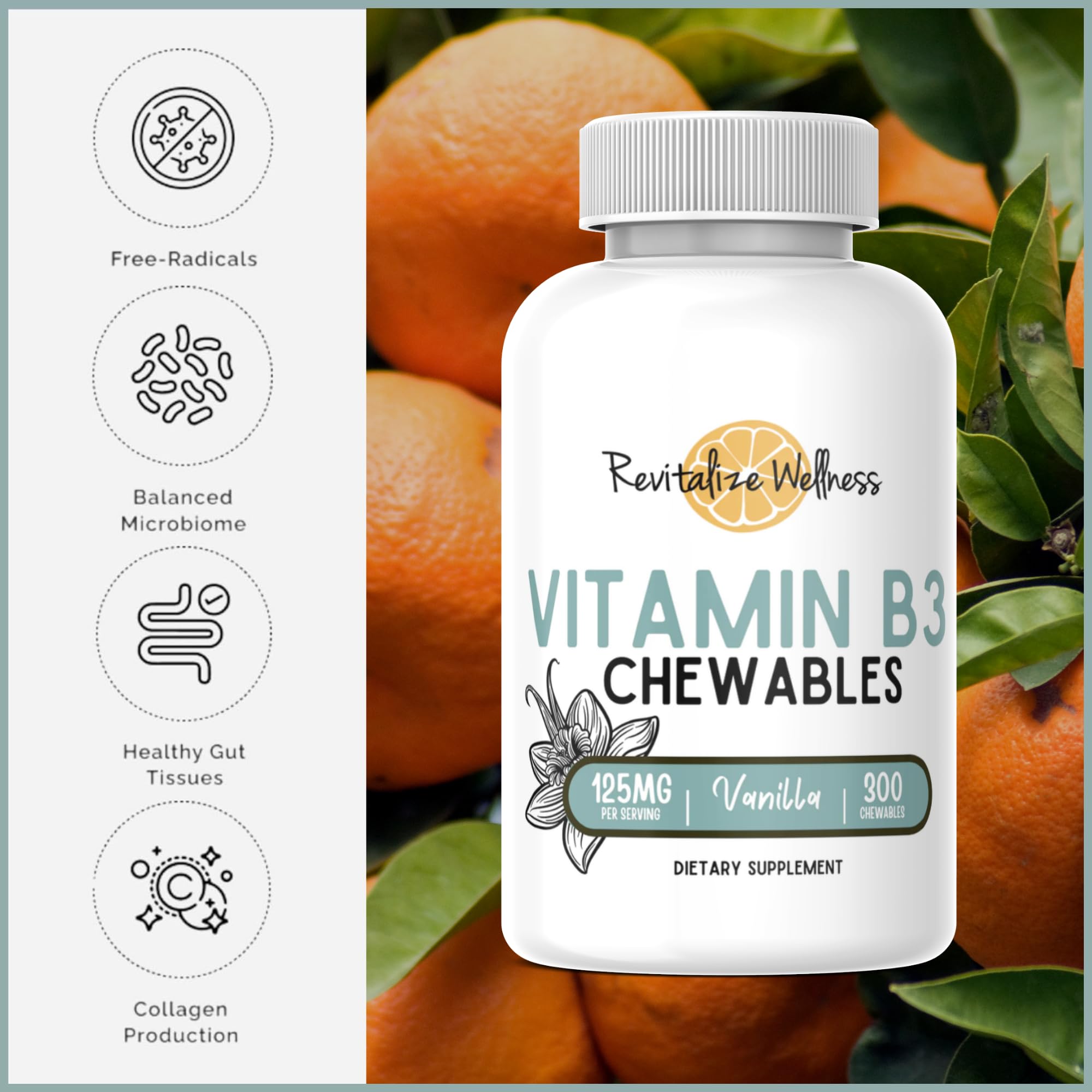 Revitalize Wellness Vitamina B3 gomitas, detalle de etiqueta nutricional para planificación.