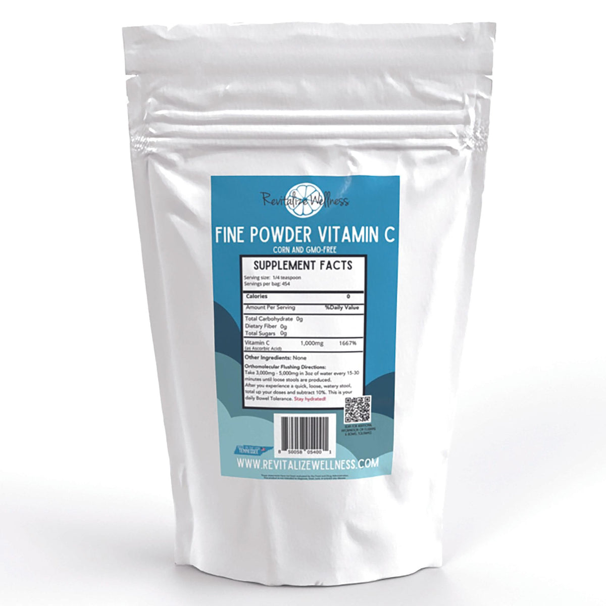 Revitalize Wellness vitamina C polvo puro, fácil de mezclar.