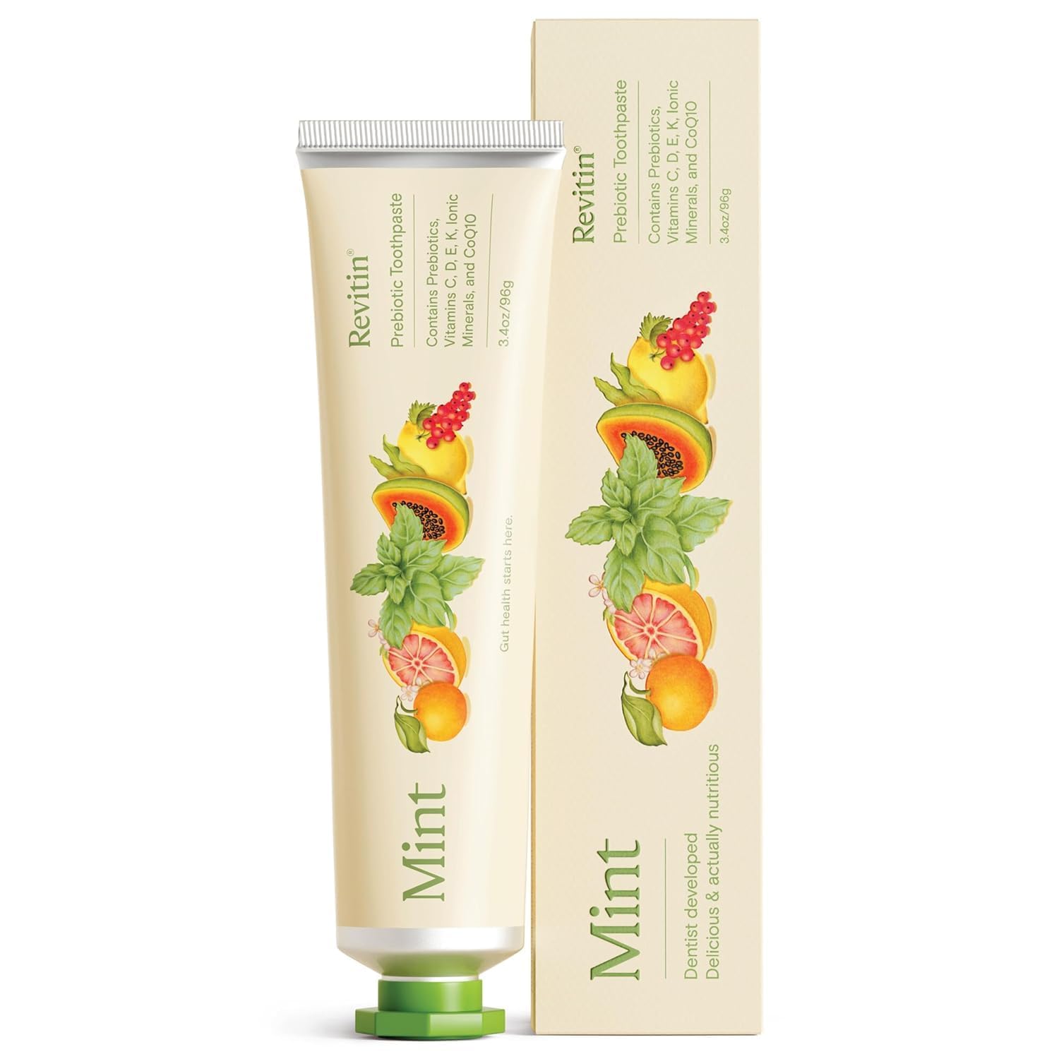 Pasta de dientes Revitin mentol prebiótica, limpieza suave y aliento fresco.