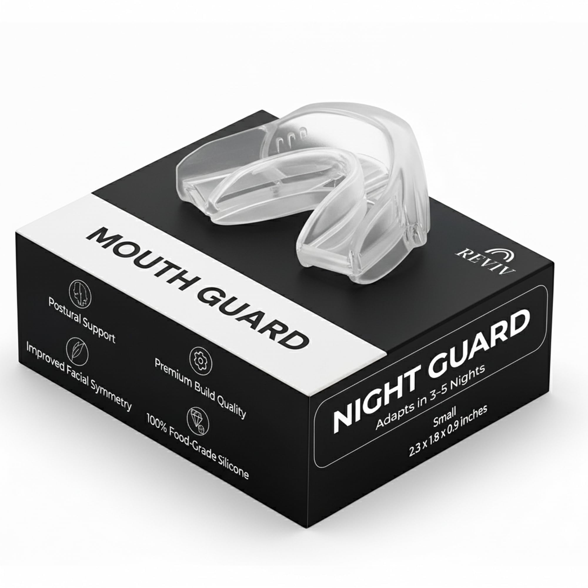 Protección bucal Reviv R1 para rechinar dientes nocturnos, comodidad y flujo de aire.