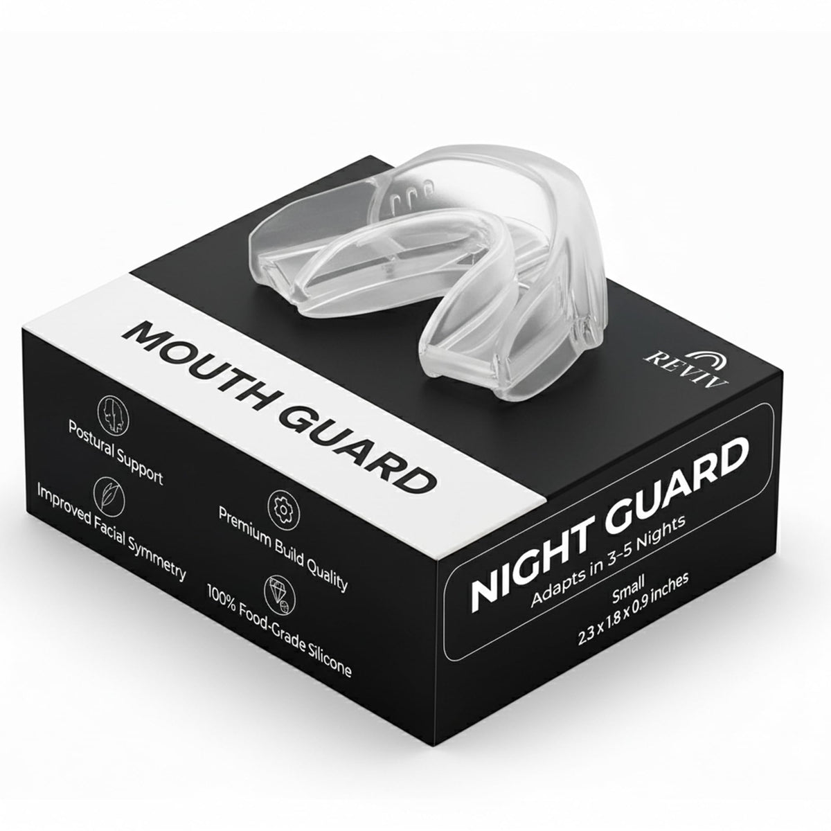 Protección bucal Reviv R1 para rechinar dientes nocturnos, comodidad y flujo de aire.