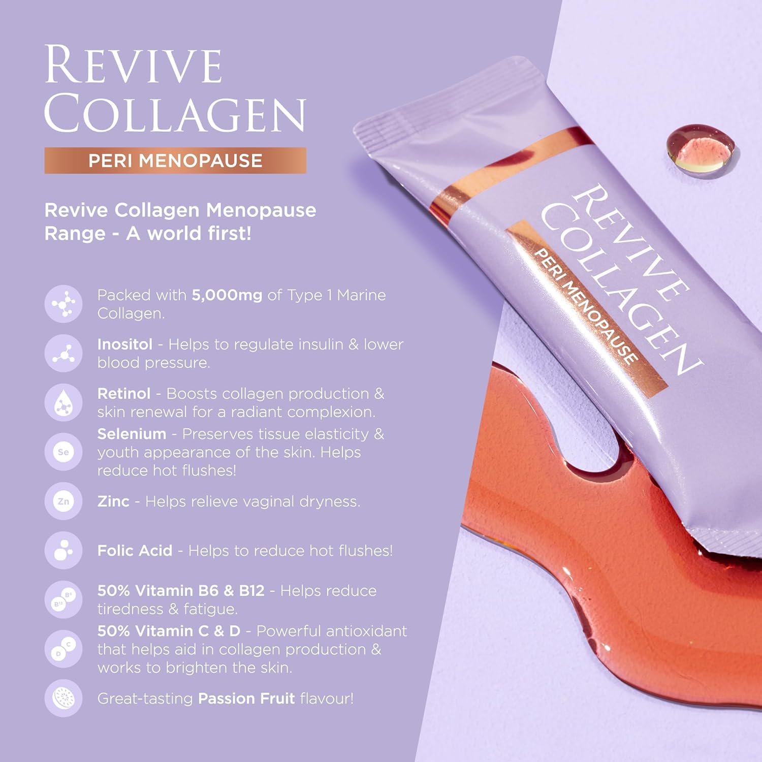 Bebida Revive Collagen Perimenopausia en vaso: hidratación y bienestar.