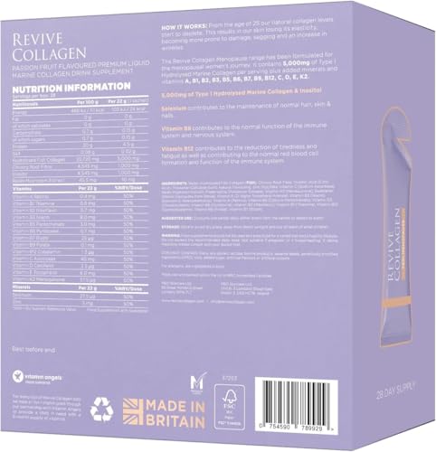 Revive Collagen Perimenopausia vertido en vaso: sabor maracuyá y energía diaria.