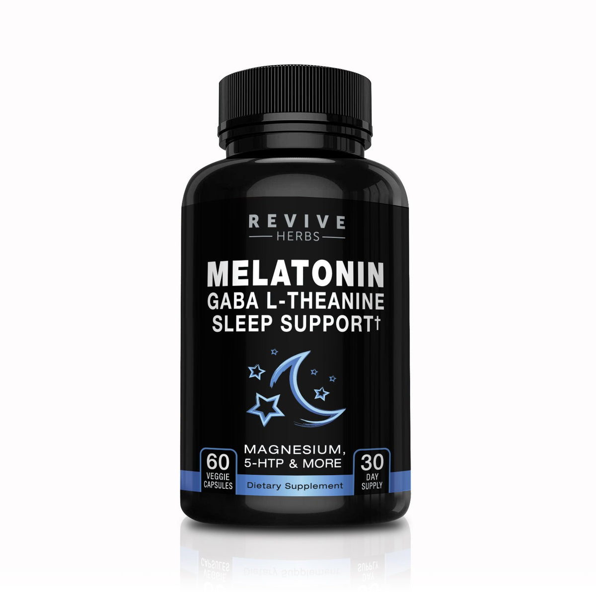 Revive Herbs Melatonina-GABA-L-Teanina: botella de cápsulas para descanso ocasional y relajación nocturna.