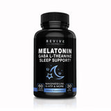 Revive Herbs Melatonina-GABA-L-Teanina: botella de cápsulas para descanso ocasional y relajación nocturna.