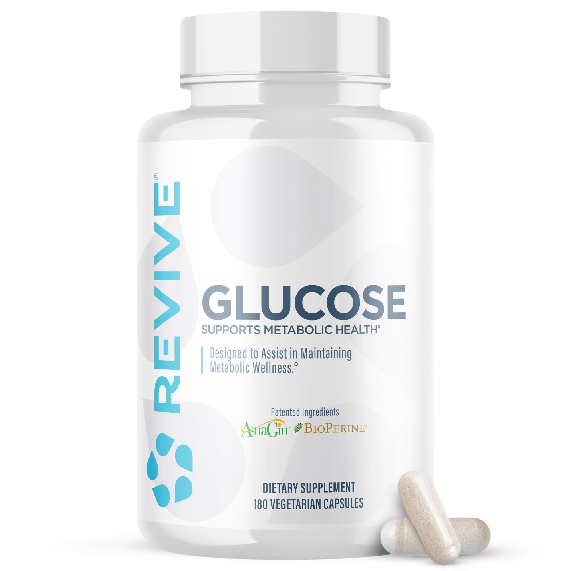 Revive MD Apoyo de Glucosa: botella visible, apoyo a la salud metabólica con ingredientes naturales.