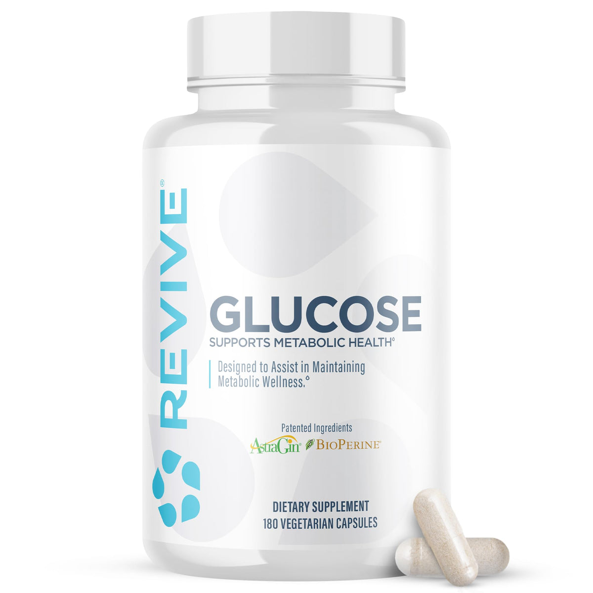 Revive MD Apoyo de Glucosa: botella visible, apoyo a la salud metabólica con ingredientes naturales.