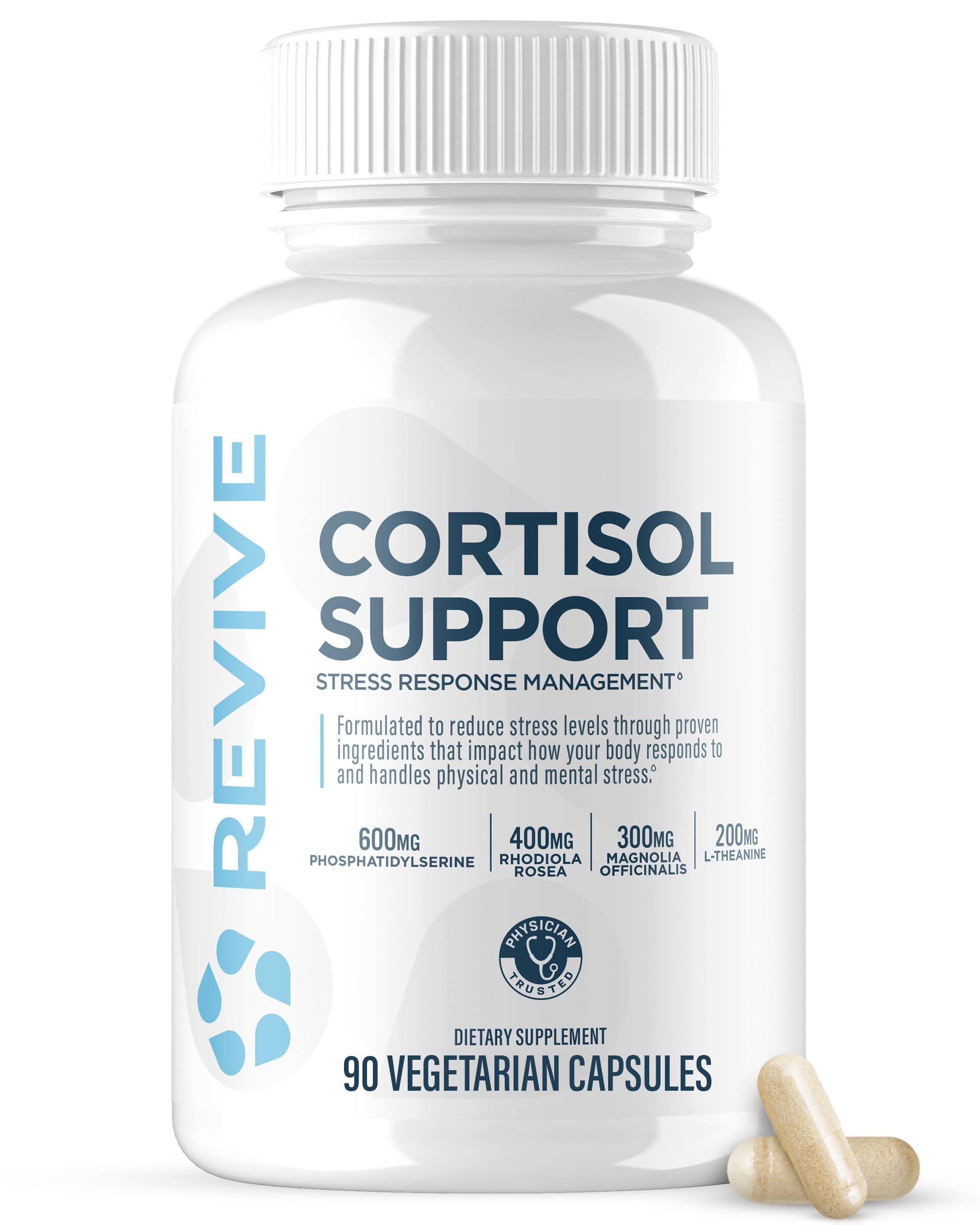 Revive MD Cortisol Manager, botella de cápsulas para apoyo diario ante el estrés.