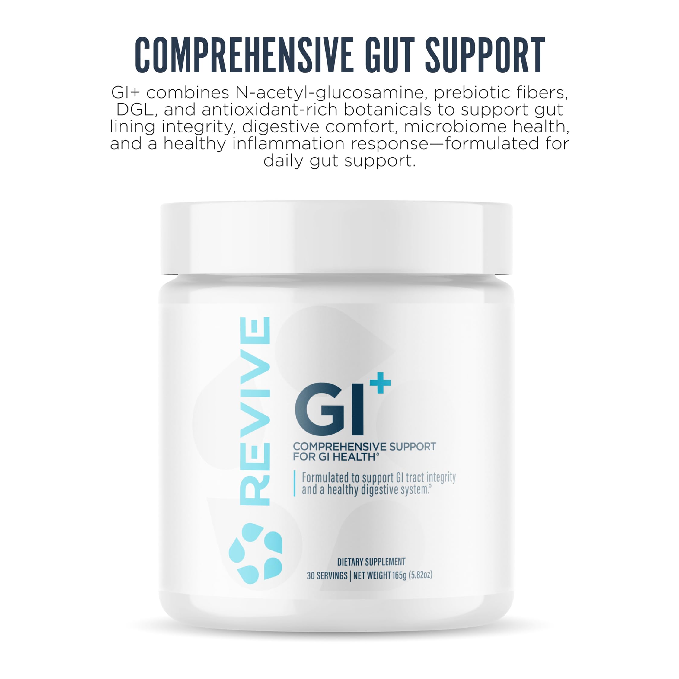 Revive MD GI Plus cucharita medidora junto al polvo para dosis diaria.