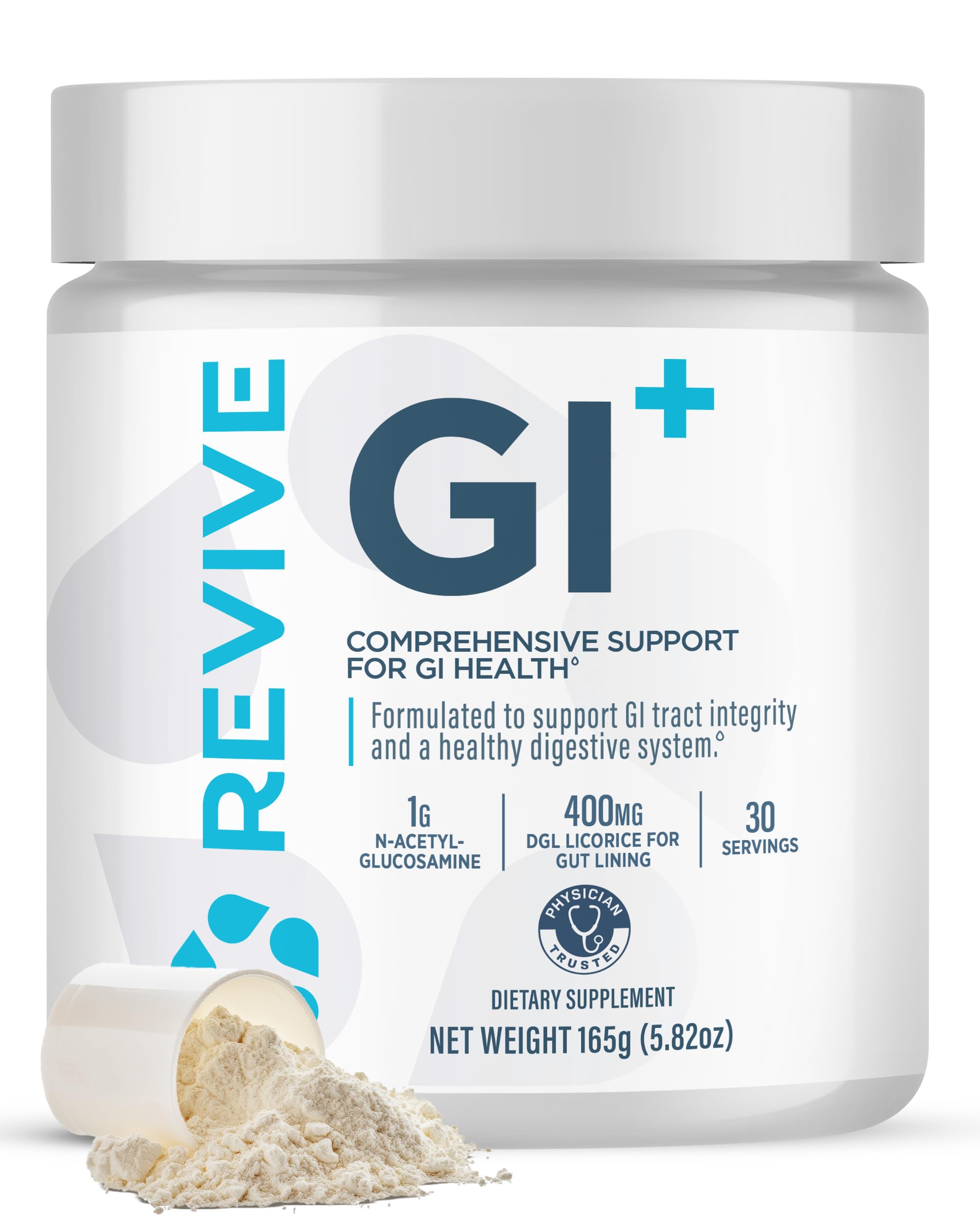 Revive MD GI Plus polvo en envase con etiqueta clara para salud digestiva.