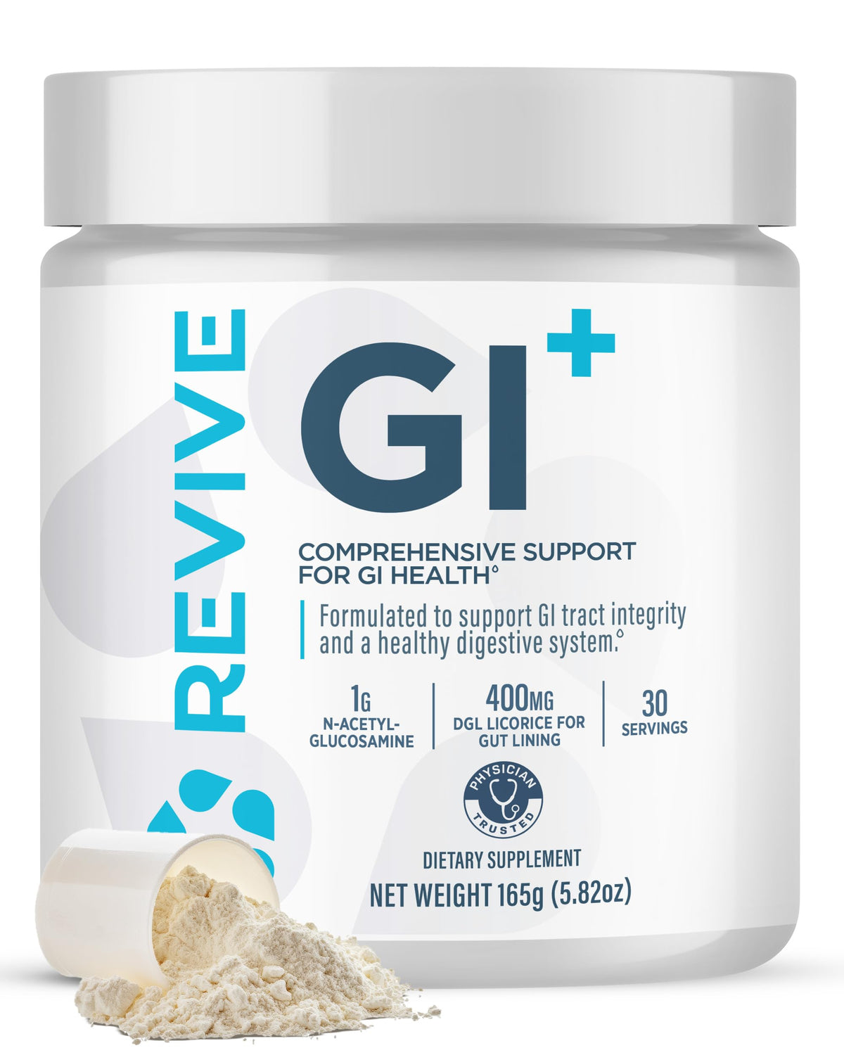 Revive MD GI Plus polvo en envase con etiqueta clara para salud digestiva.