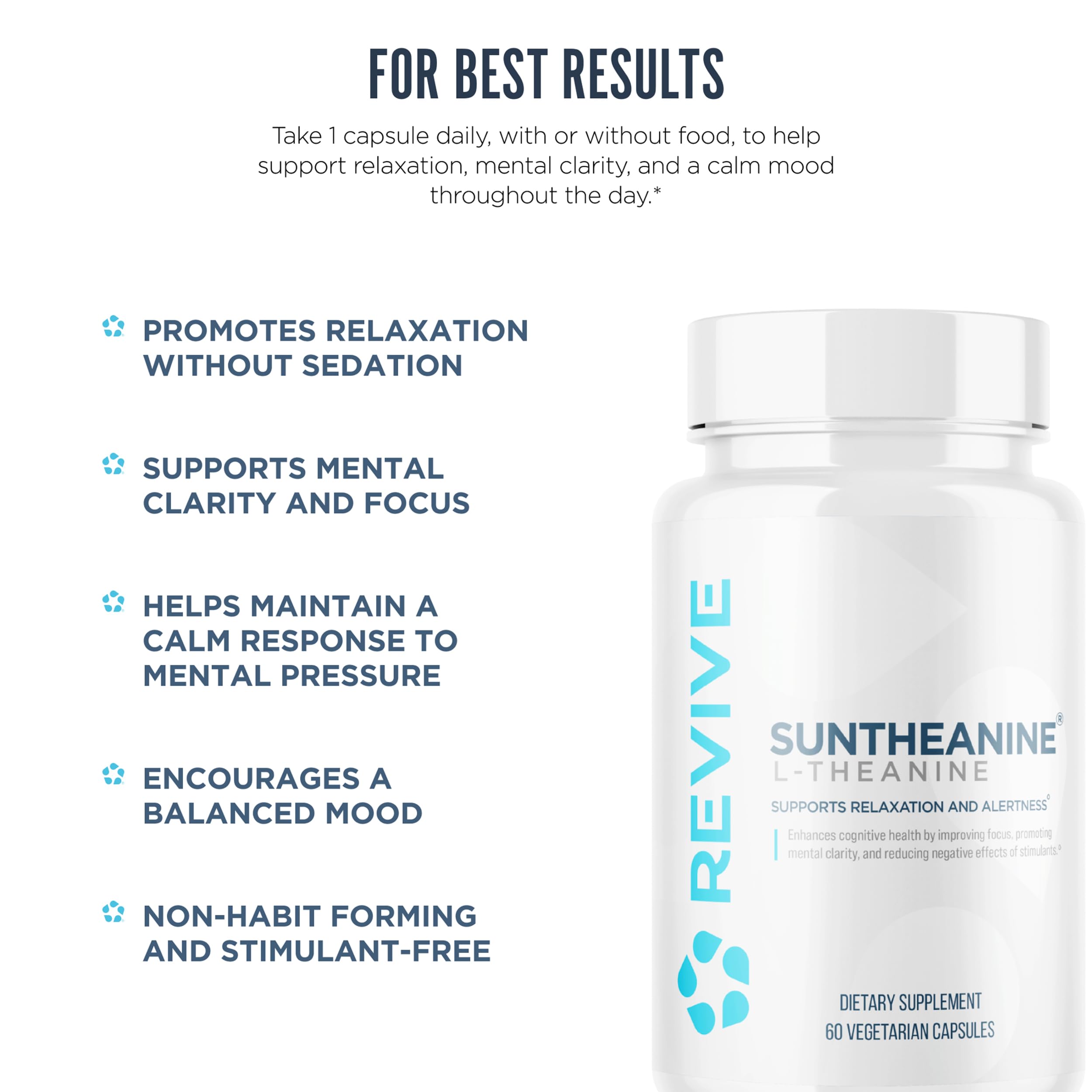 Revive MD Suntheanine detalle de cápsula suave y fácil de tragar.