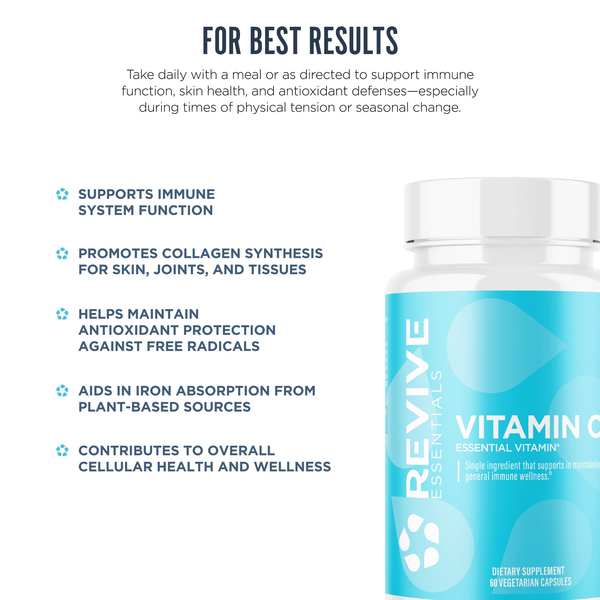 Revive MD Vitamina C etiqueta clara, información de ingredientes clave.