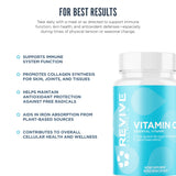 Revive MD Vitamina C etiqueta clara, información de ingredientes clave.