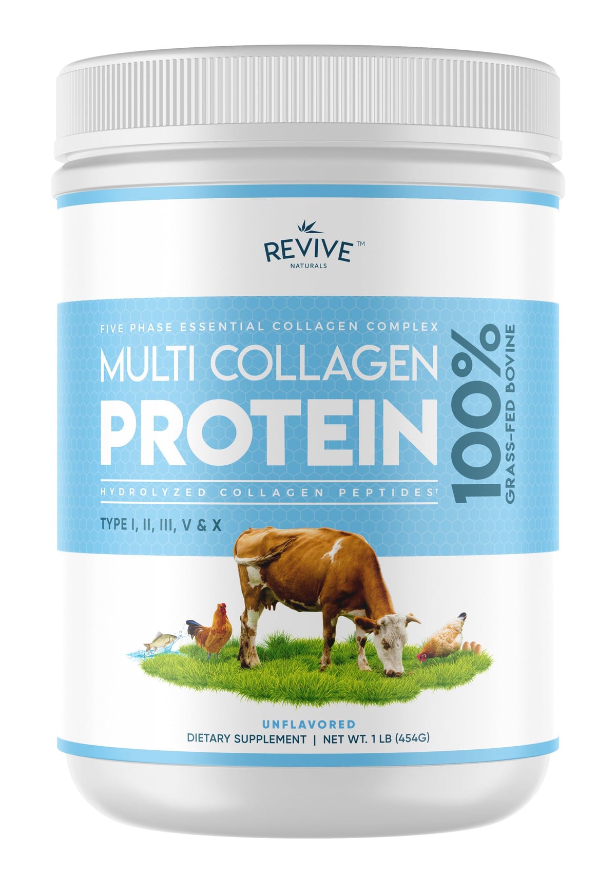 Revive Naturals Multicolágeno hidrolizado en polvo 16oz, ideal para batidos y piel radiante