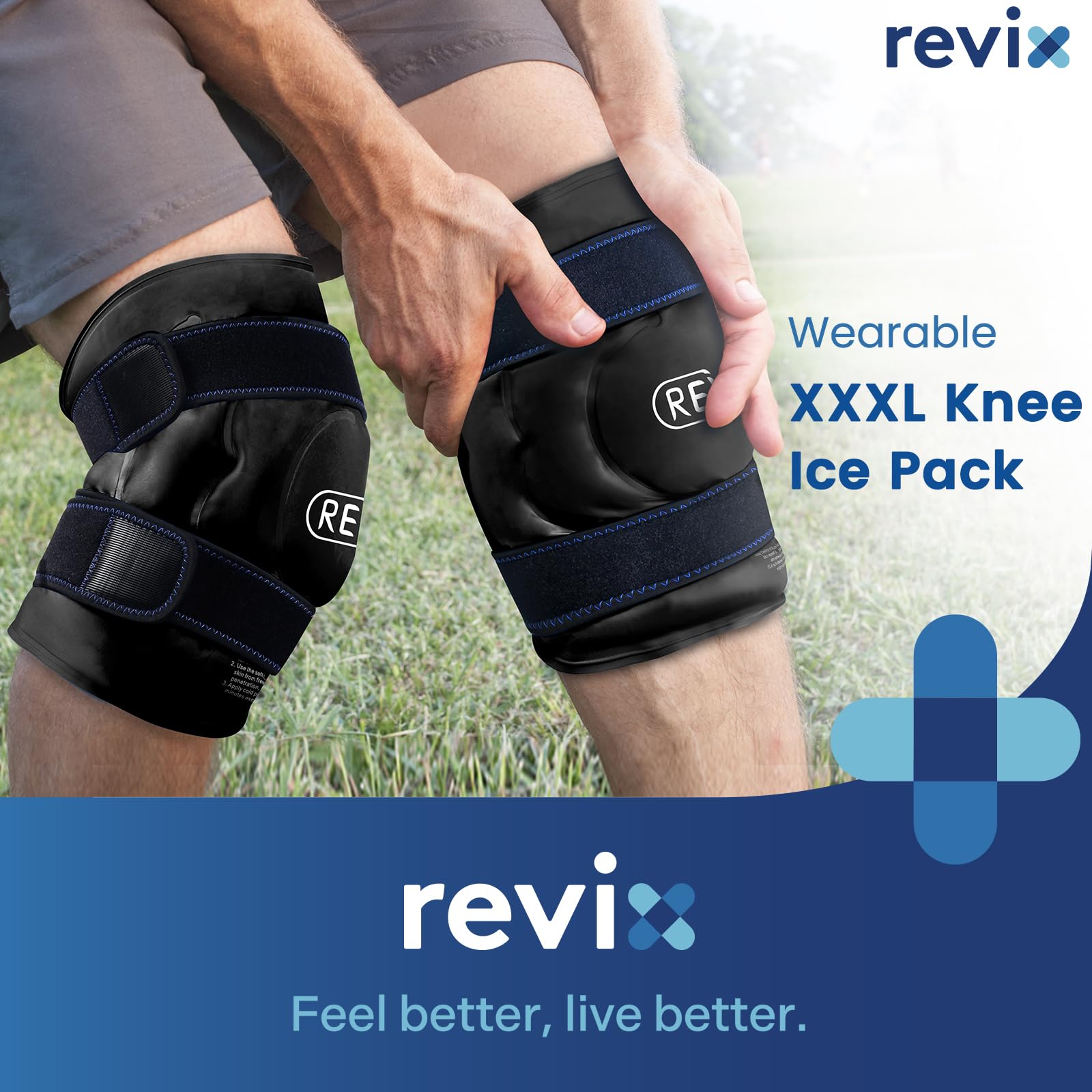 REVIX bolsas de hielo para rodilla, vista trasera: envoltura estable alrededor de la rodilla.