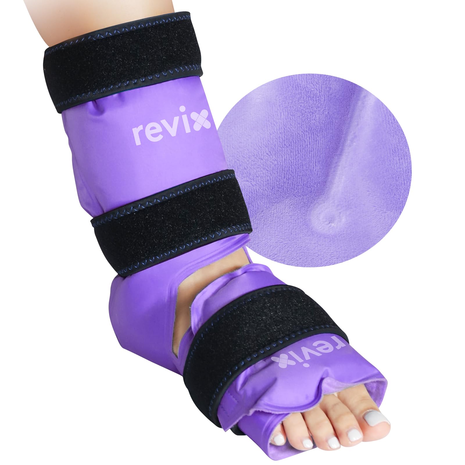 REVIX cobertura completa tobillo y pie para terapia fría localizada y confortable.