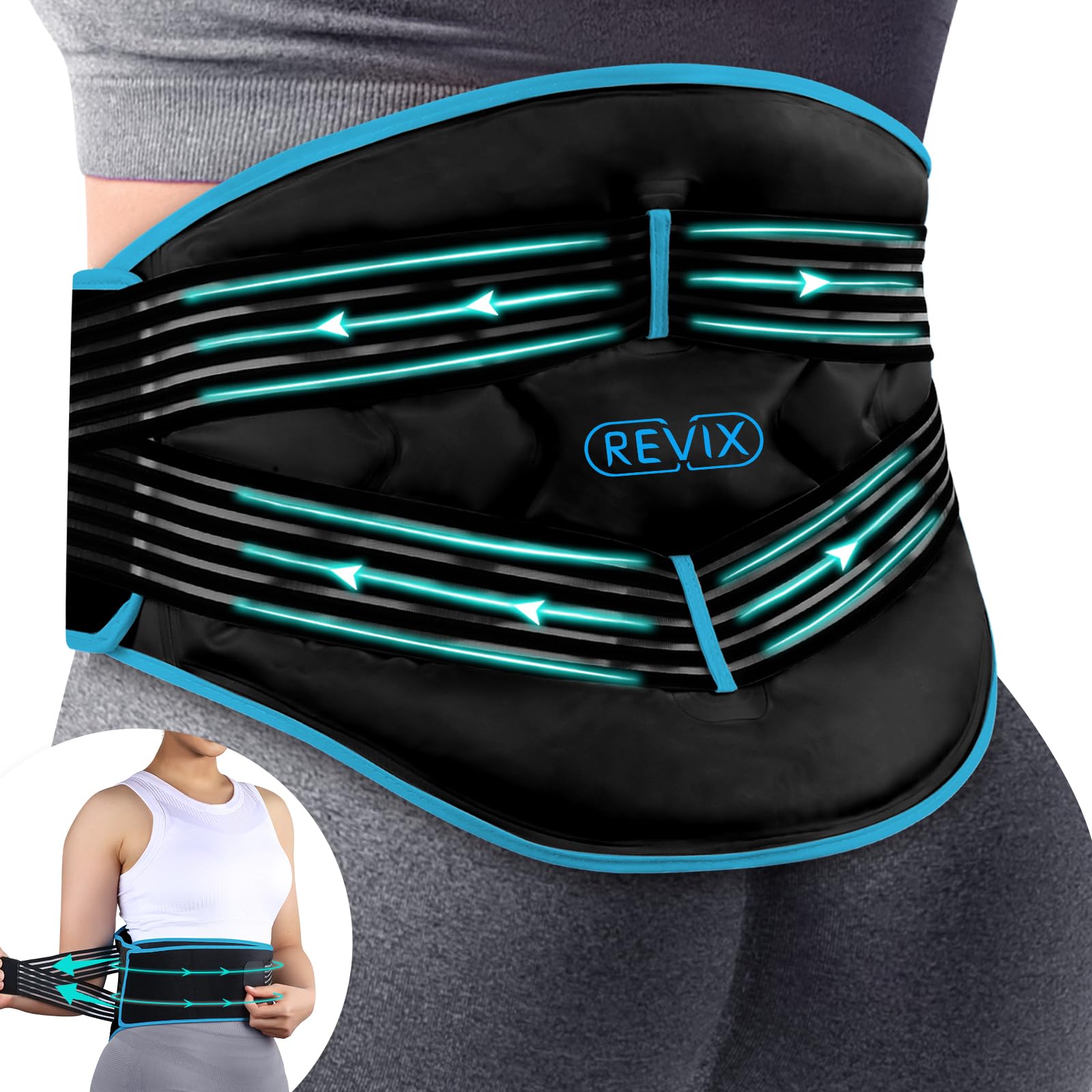 REVIX compresa de hielo para espalda con dos correas para ajuste seguro durante actividades.