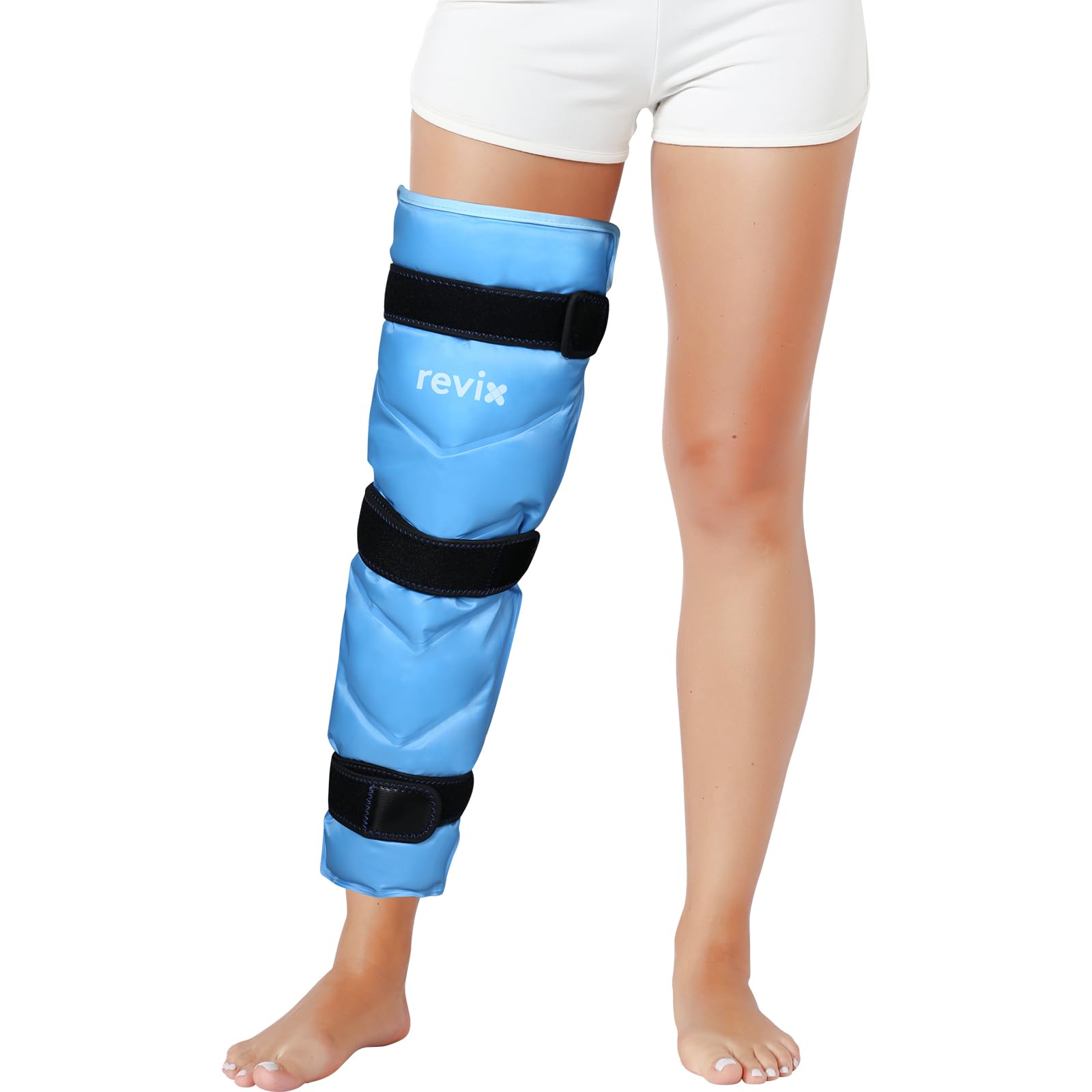 REVIX funda hielo pierna, vista frontal cubriendo muslo y rodilla para enfriamiento cómodo.