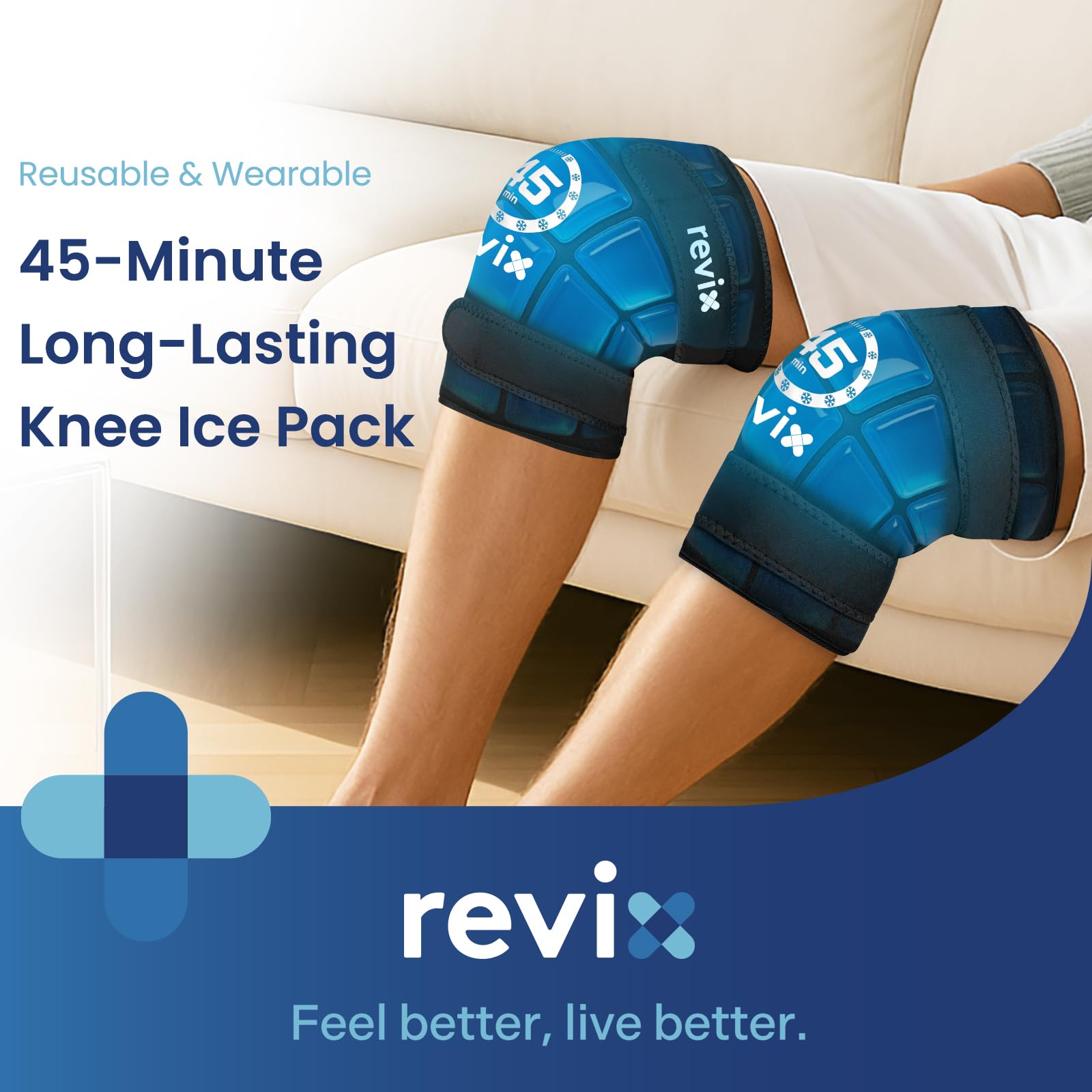REVIX gel flexible se adapta a la rodilla para alivio cómodo.