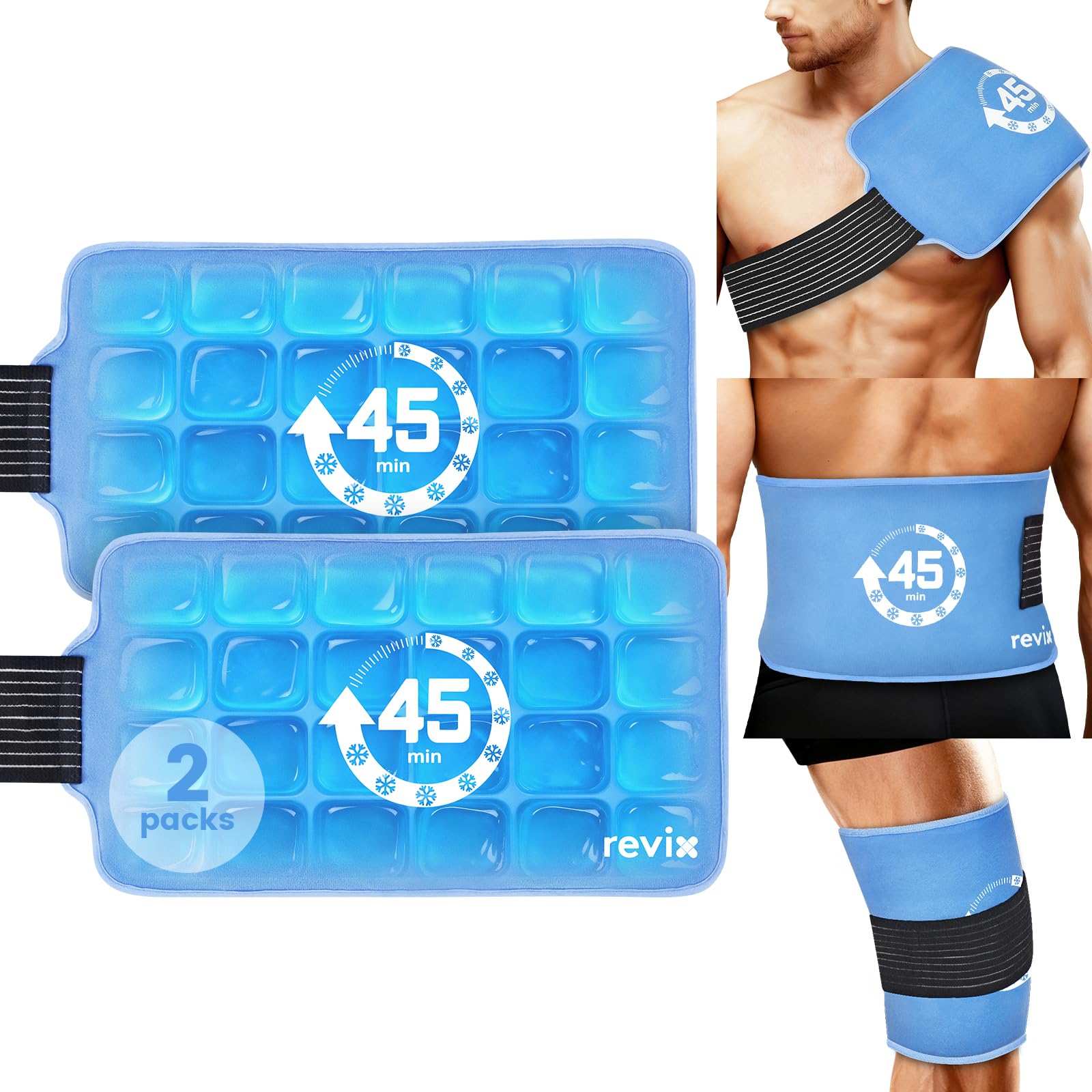 REVIX gran bolsa de hielo para espalda y hombro con banda elástica, comodidad y apoyo.