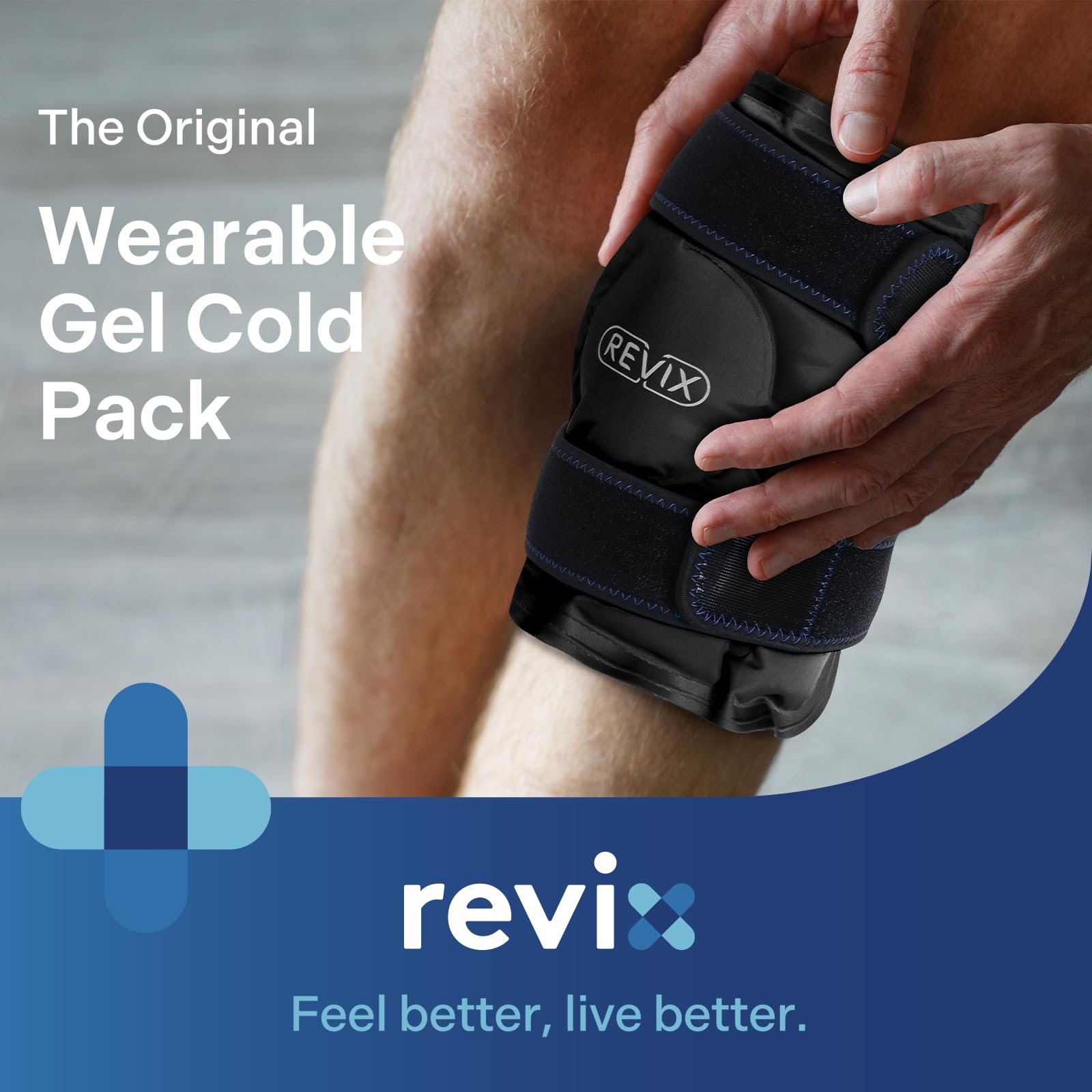 REVIX envoltura de hielo para rodilla, vista posterior, enfriamiento duradero para molestias musculares.
