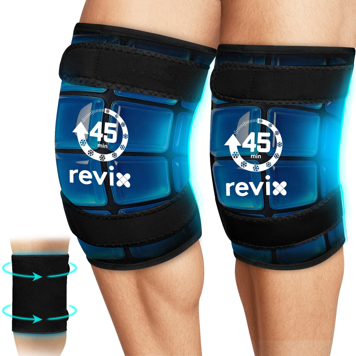 REVIX rodilla con cobertura total para enfriamiento uniforme tras el ejercicio