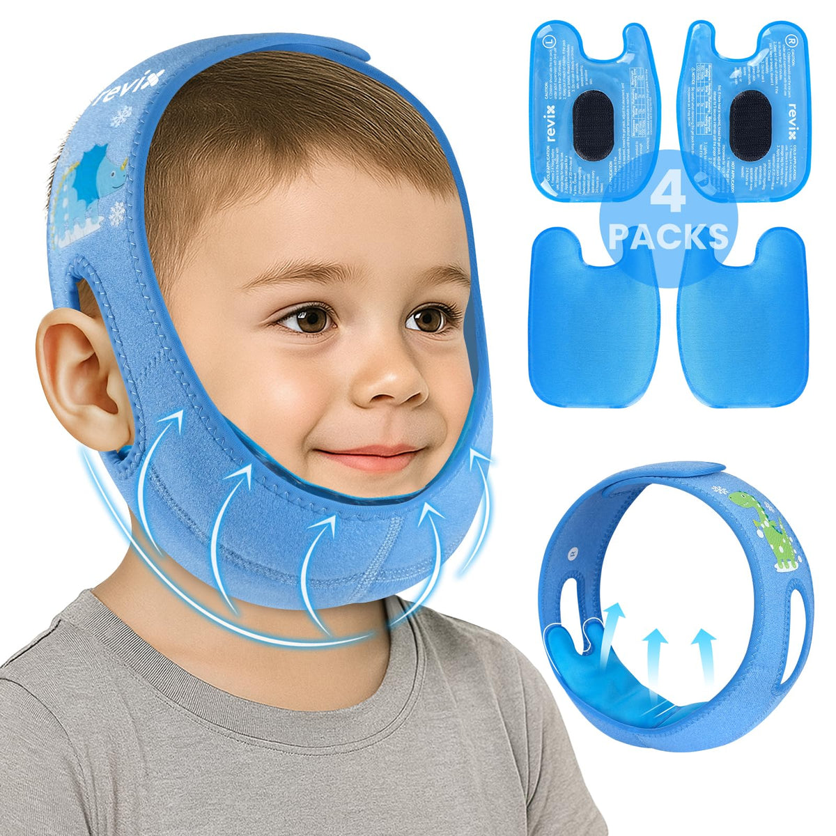 REVIX pack hielo dientes con envoltura de cabeza y patrón dinosaurio azul para uso diario.