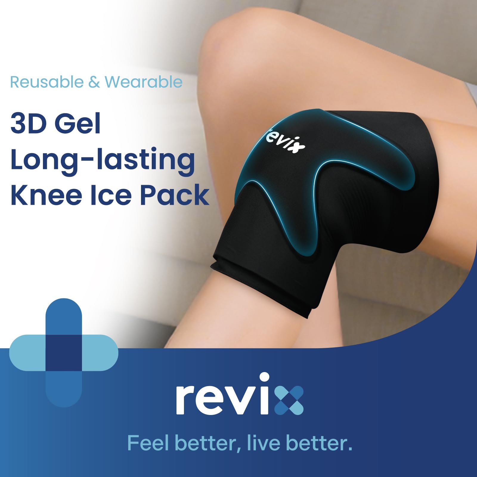 REVIX rodilla 360 cubre toda la articulación para enfriamiento uniforme.