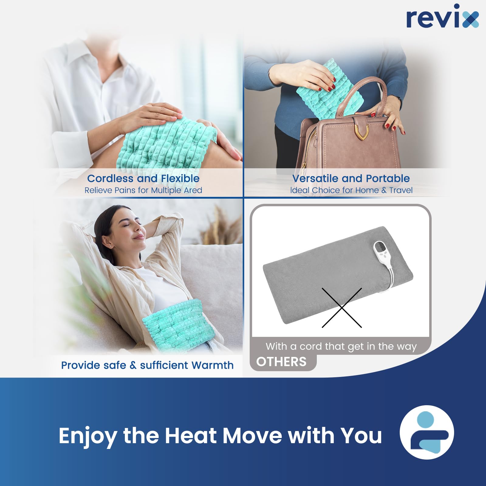 REVIX uso portátil sin cables, ideal para casa o viaje.