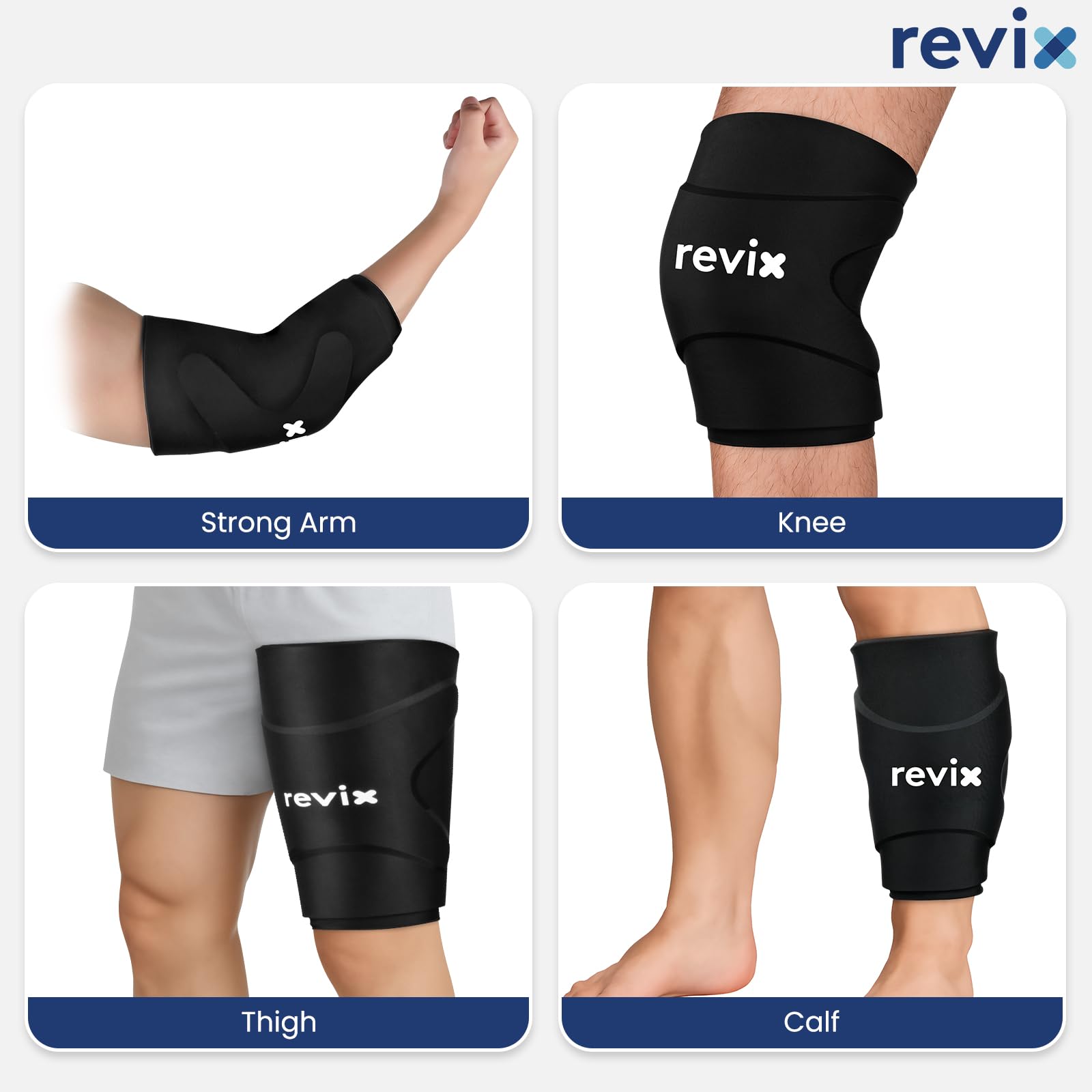 Uso versátil de REVIX para rodilla, codo y pierna durante recuperación ligera.