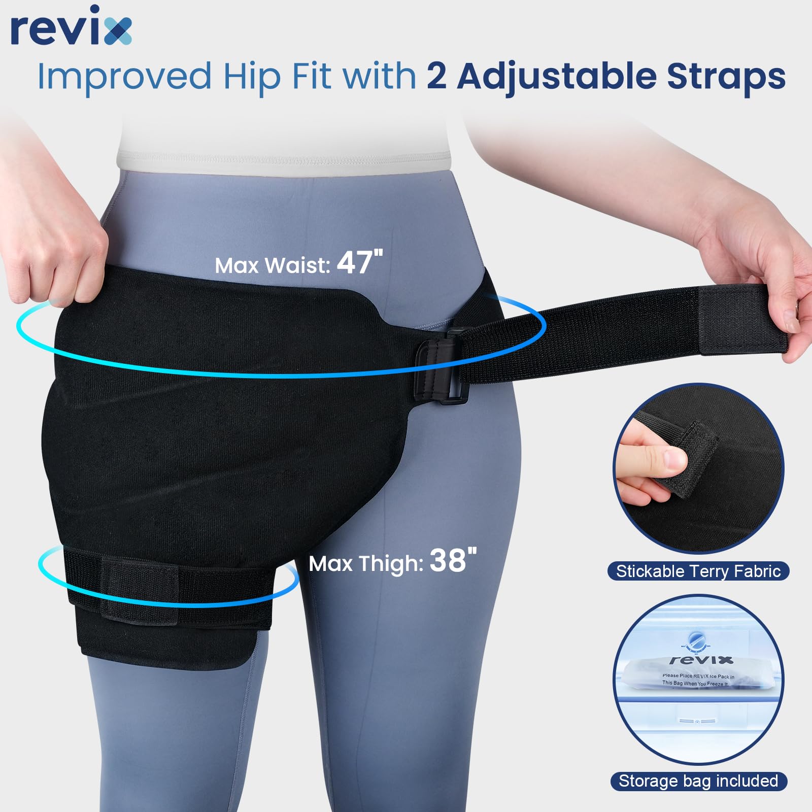 REVIX uso versátil para cadera, espalda baja y rodilla ofrece alivio durante actividades.