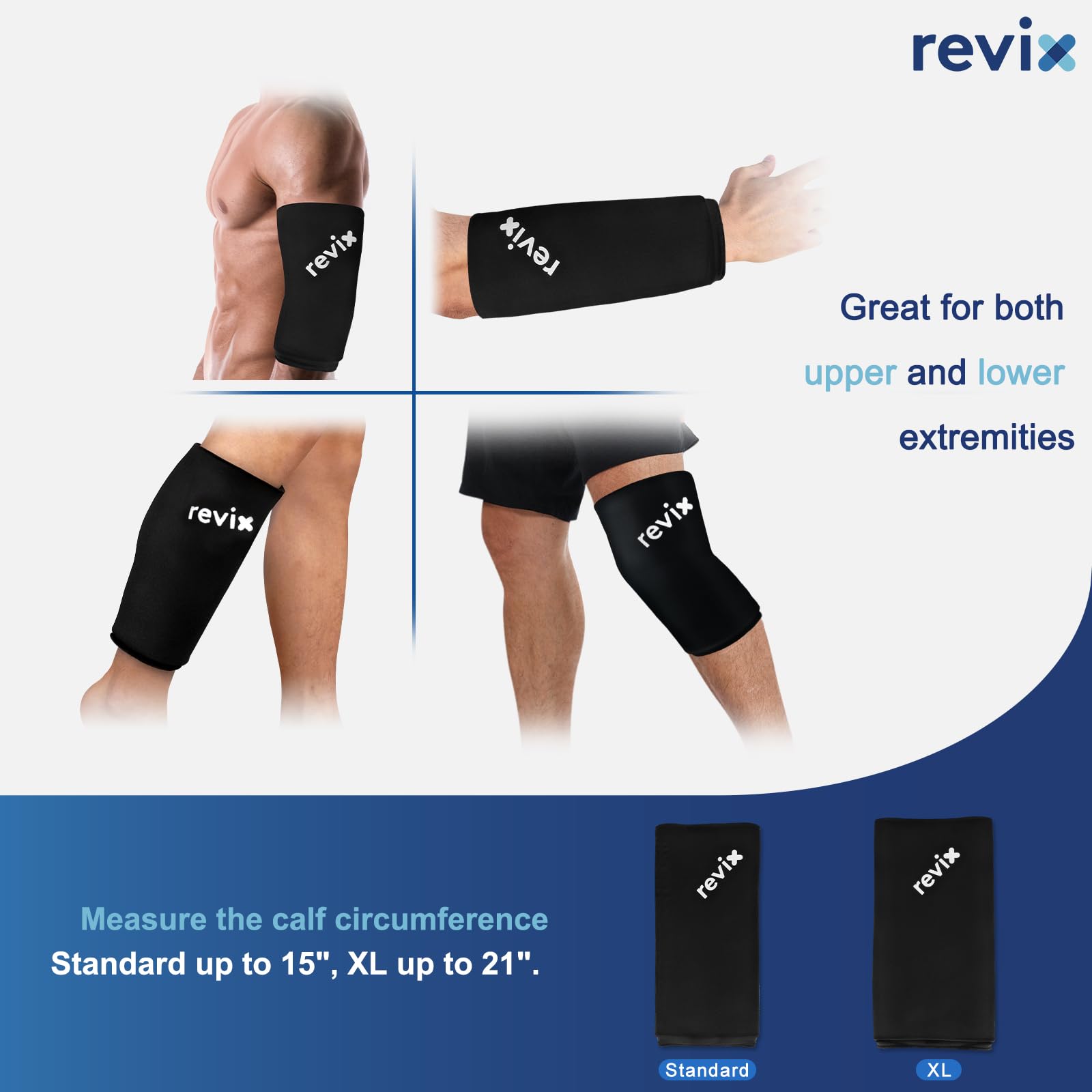 REVIX XL Shin Splints Ice Pack talla-xl se adapta a pantorrillas amplias.