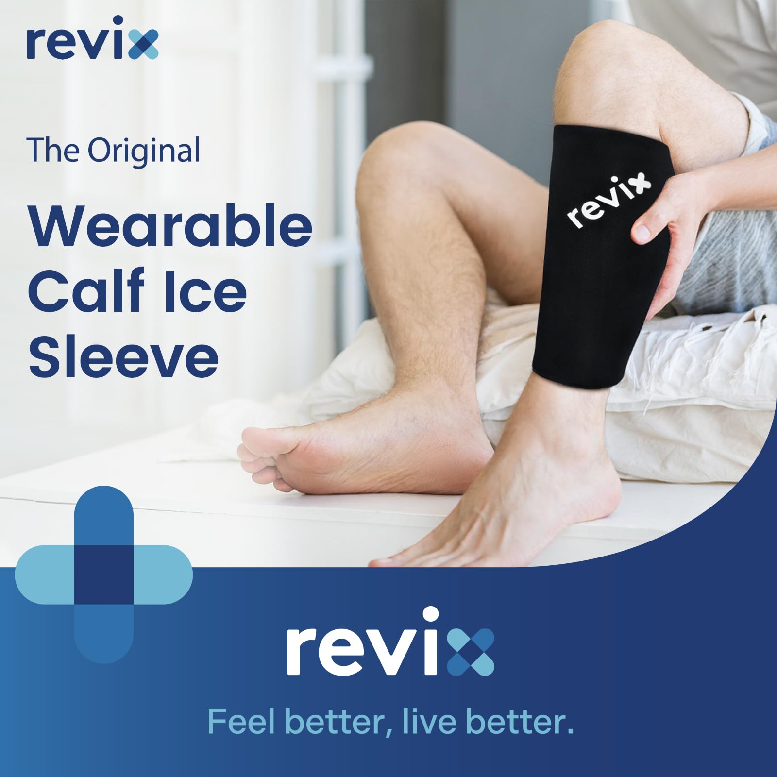 REVIX XL Shin Splints Ice Sleeve sin-tiras facilita movilidad durante la sesión de ejercicio.