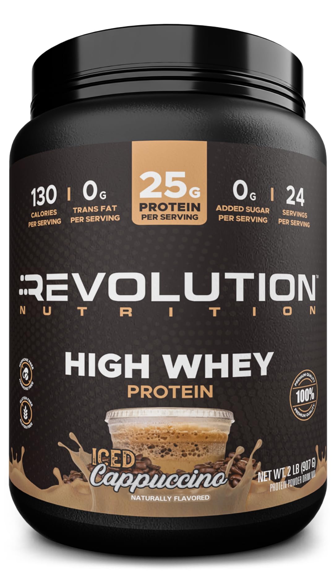 Revolution Nutrition High Whey en bote con dosificador para porciones precisas.