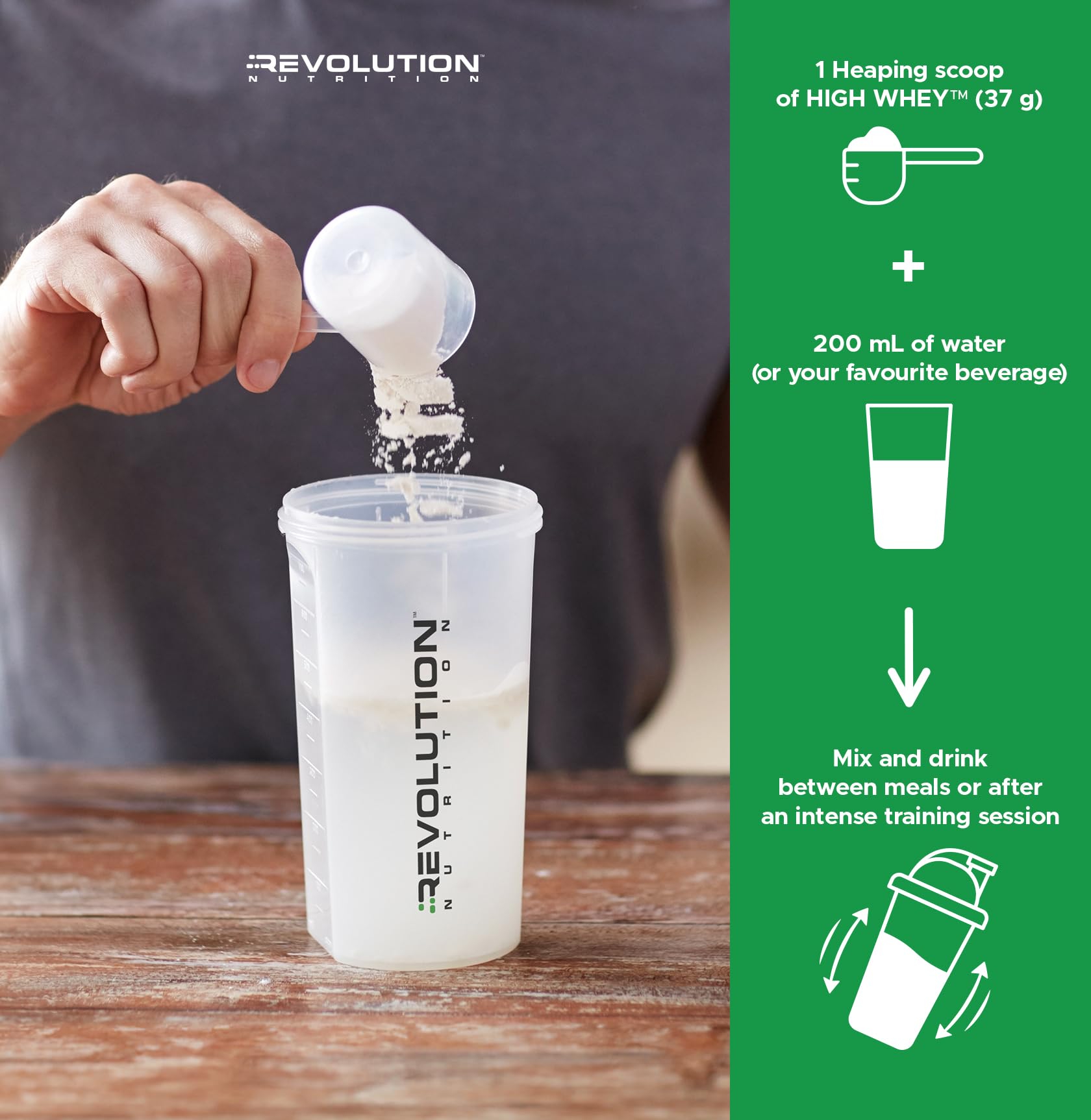 Revolution Nutrition High Whey, mezcla con enzimas digestivas para una absorción suave.