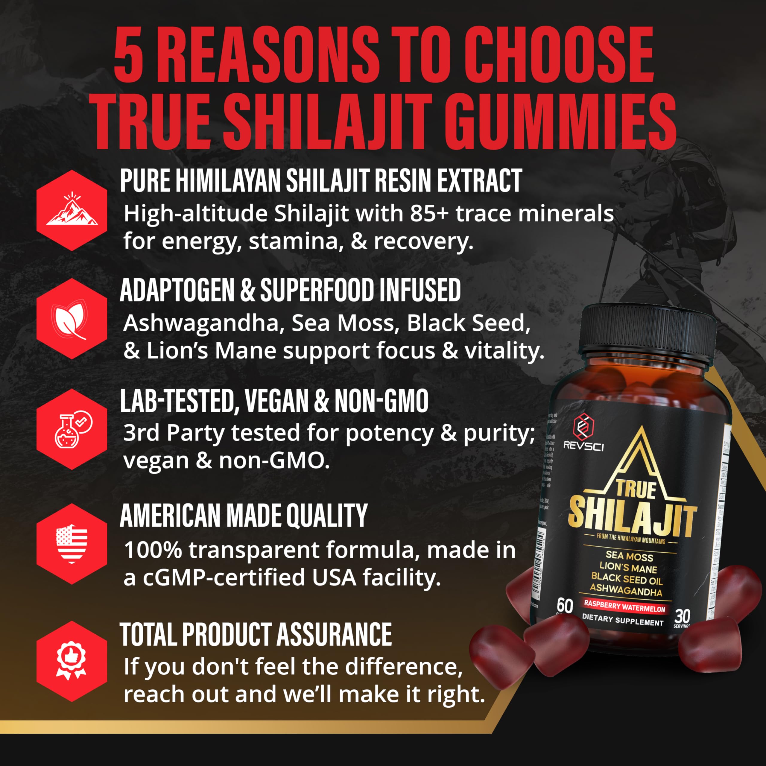Gomitas Shilajit de Revolution Science, paquete mostrado, sabor agradable para enfoque diario.