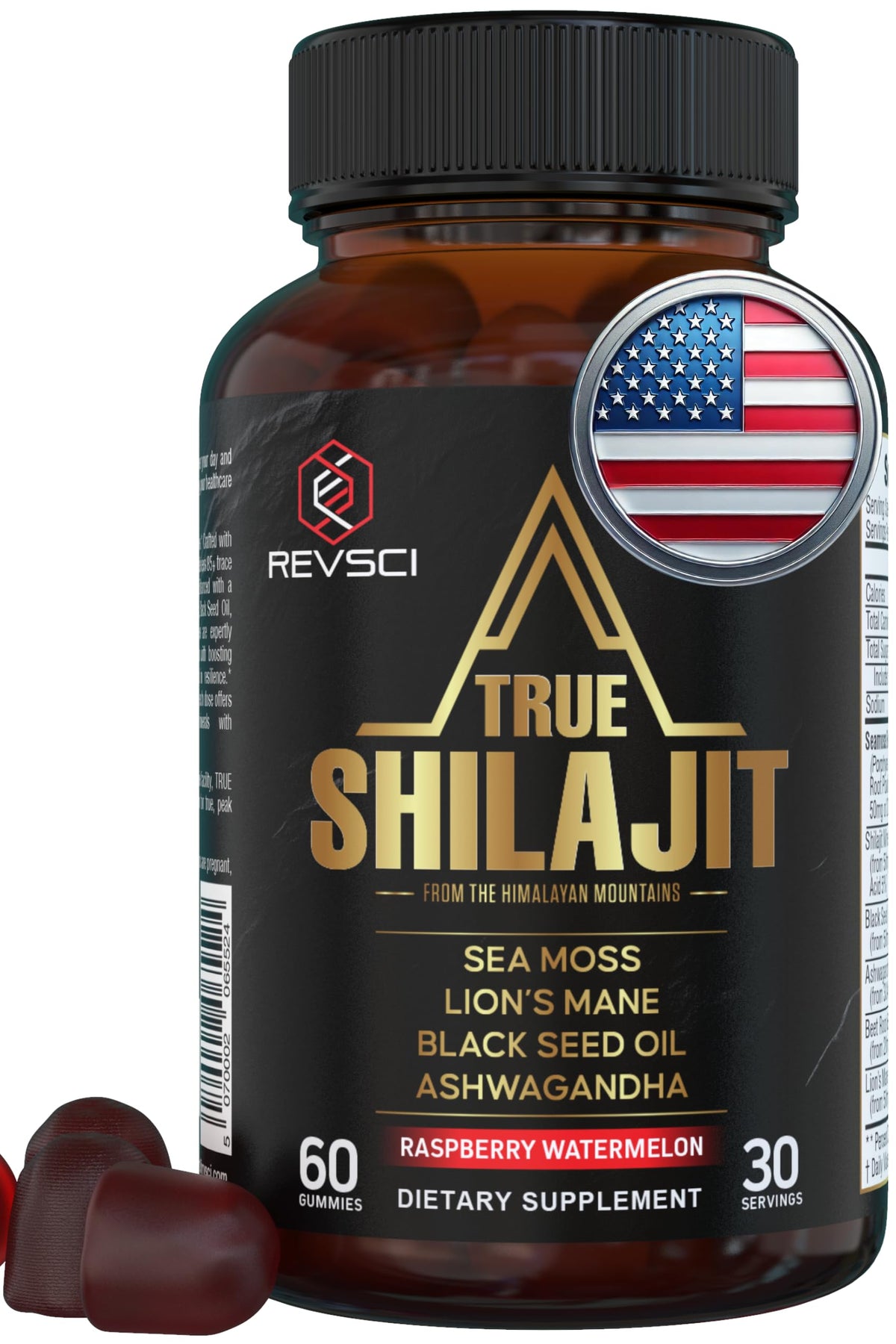 Revolution Science gomitas Shilajit para hombres, frasco visible, ofrecen energía sostenida.