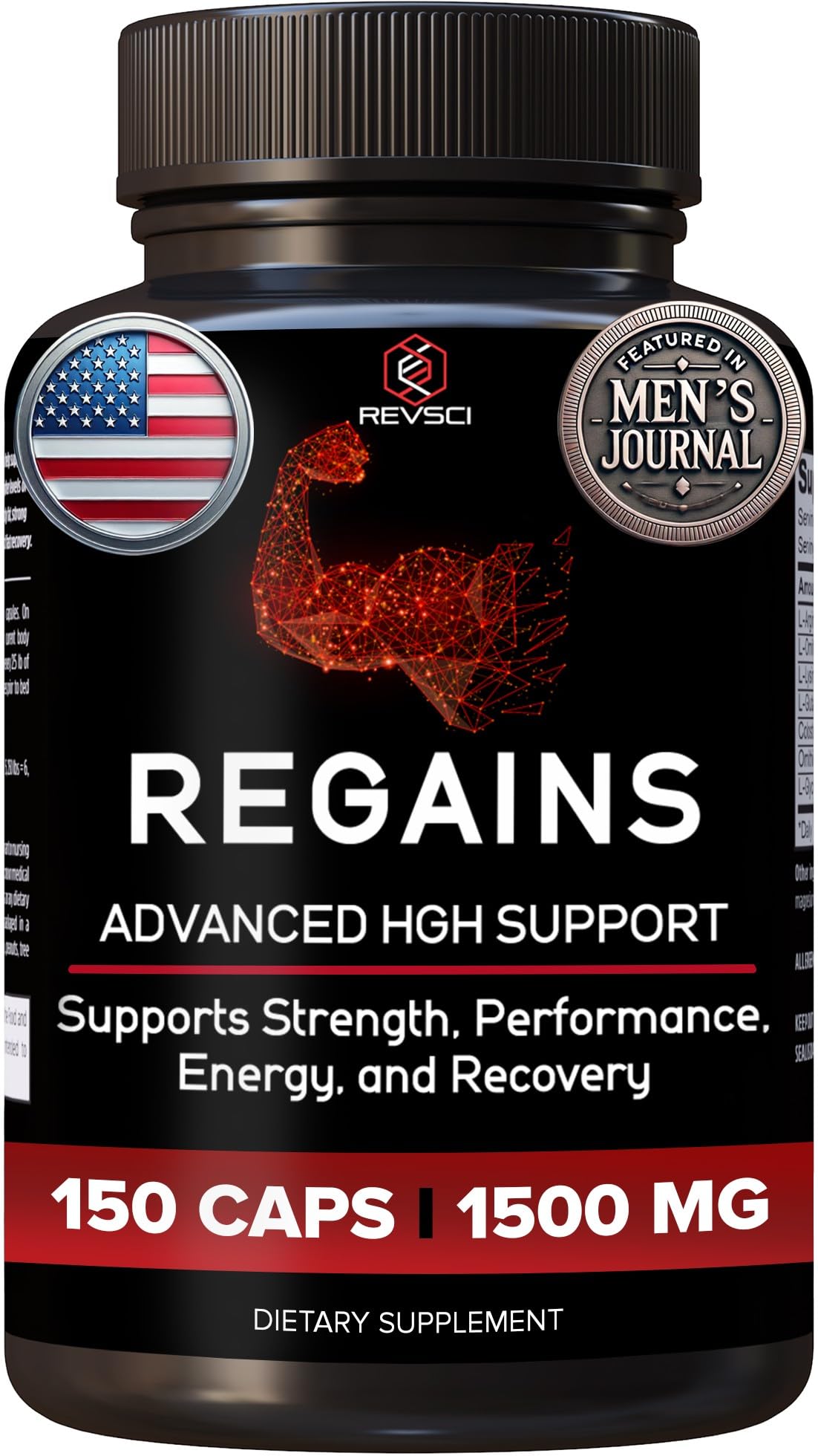 Regains de Revolution Science: botella vertiendo cápsulas para entrenamiento y posible rendimiento