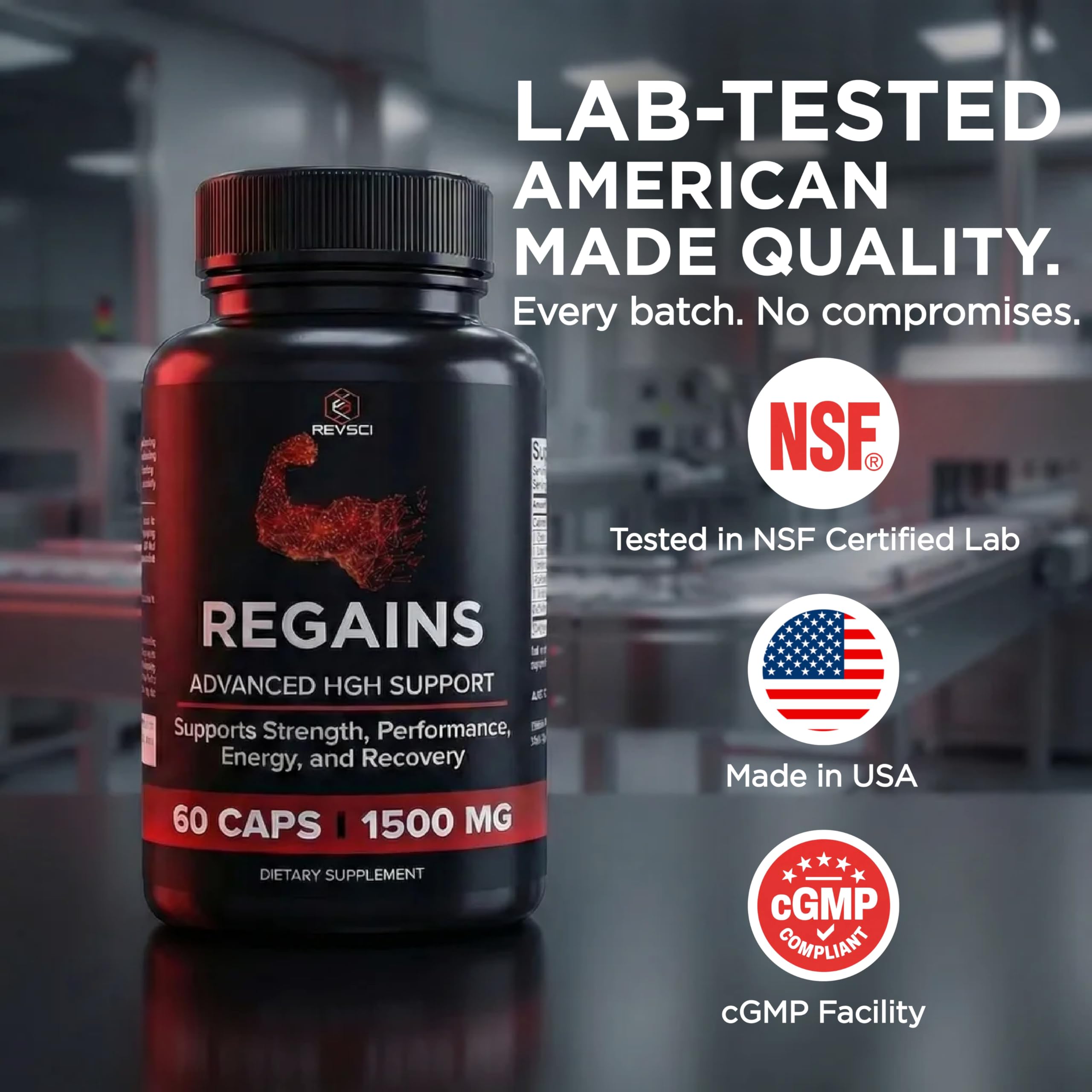 Regains: etiqueta cGMP, control de calidad visible en EE. UU.