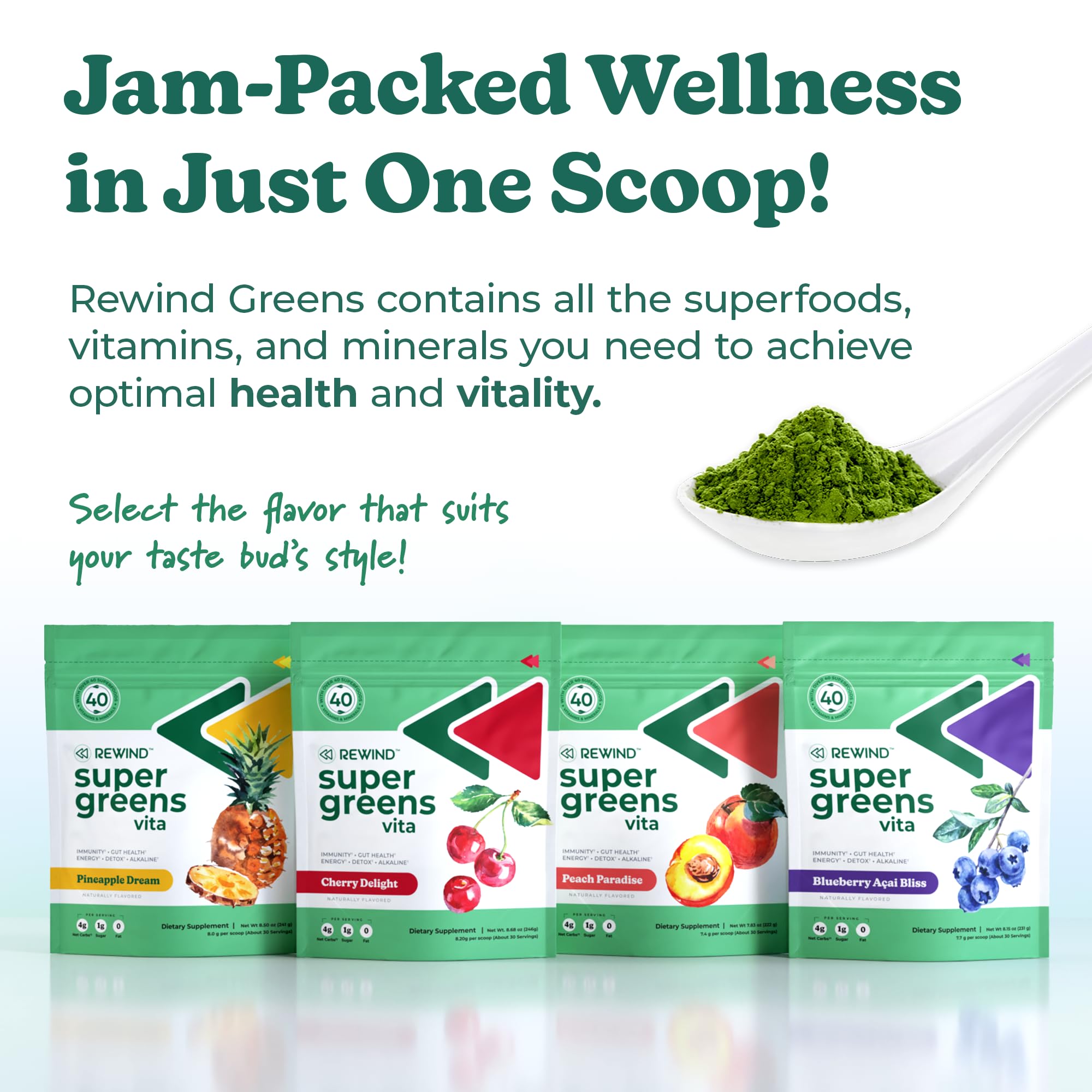 Envase de Rewind con mezcla de superalimentos listo para uso diario