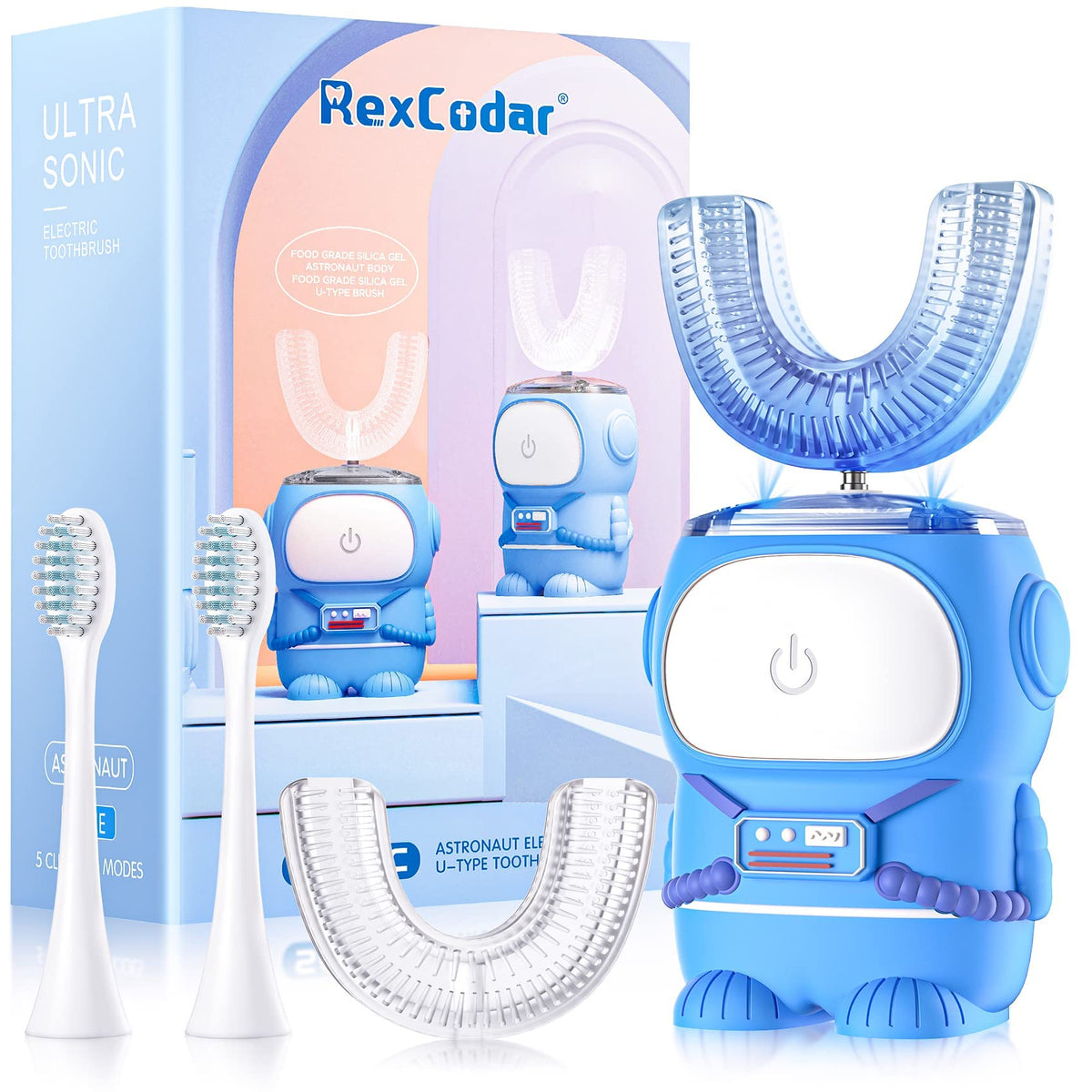 Cepillo RexCodar infantil en forma de U con astronauta azul para cepillado divertido.