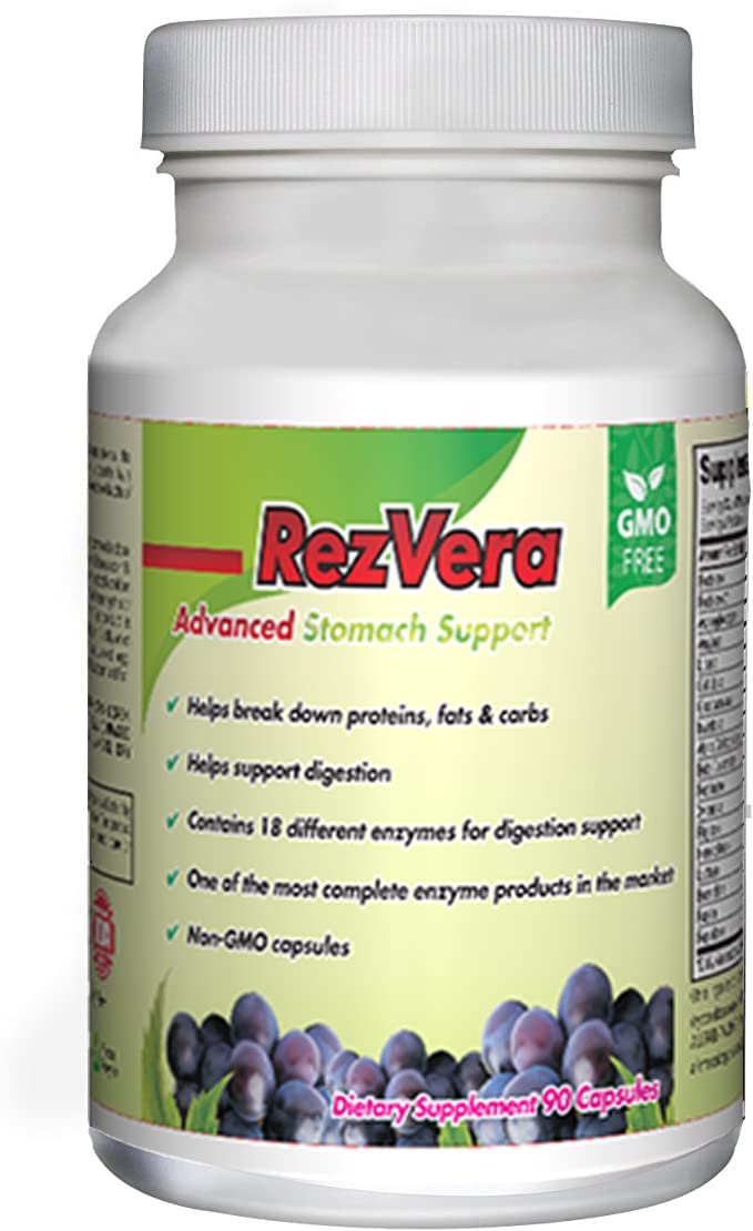 RezVera: botella digestiva con enzimas 18, apoyo a la digestión diaria.