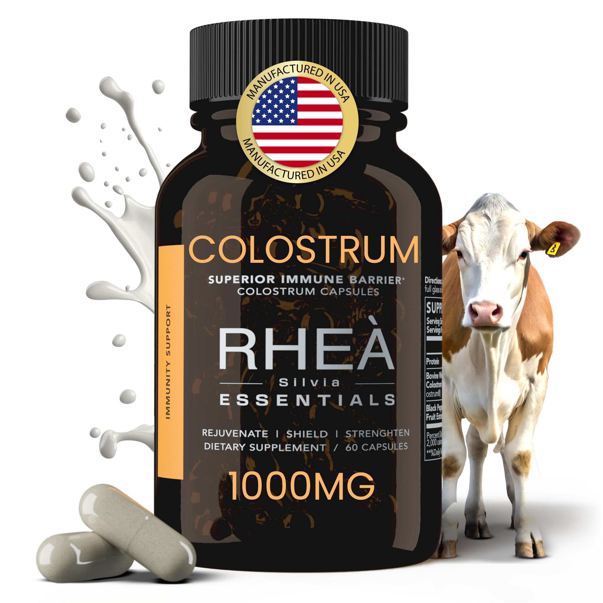 RHEASILVIA cápsulas de colostro bovino, envase de 60 cápsulas para apoyo general.